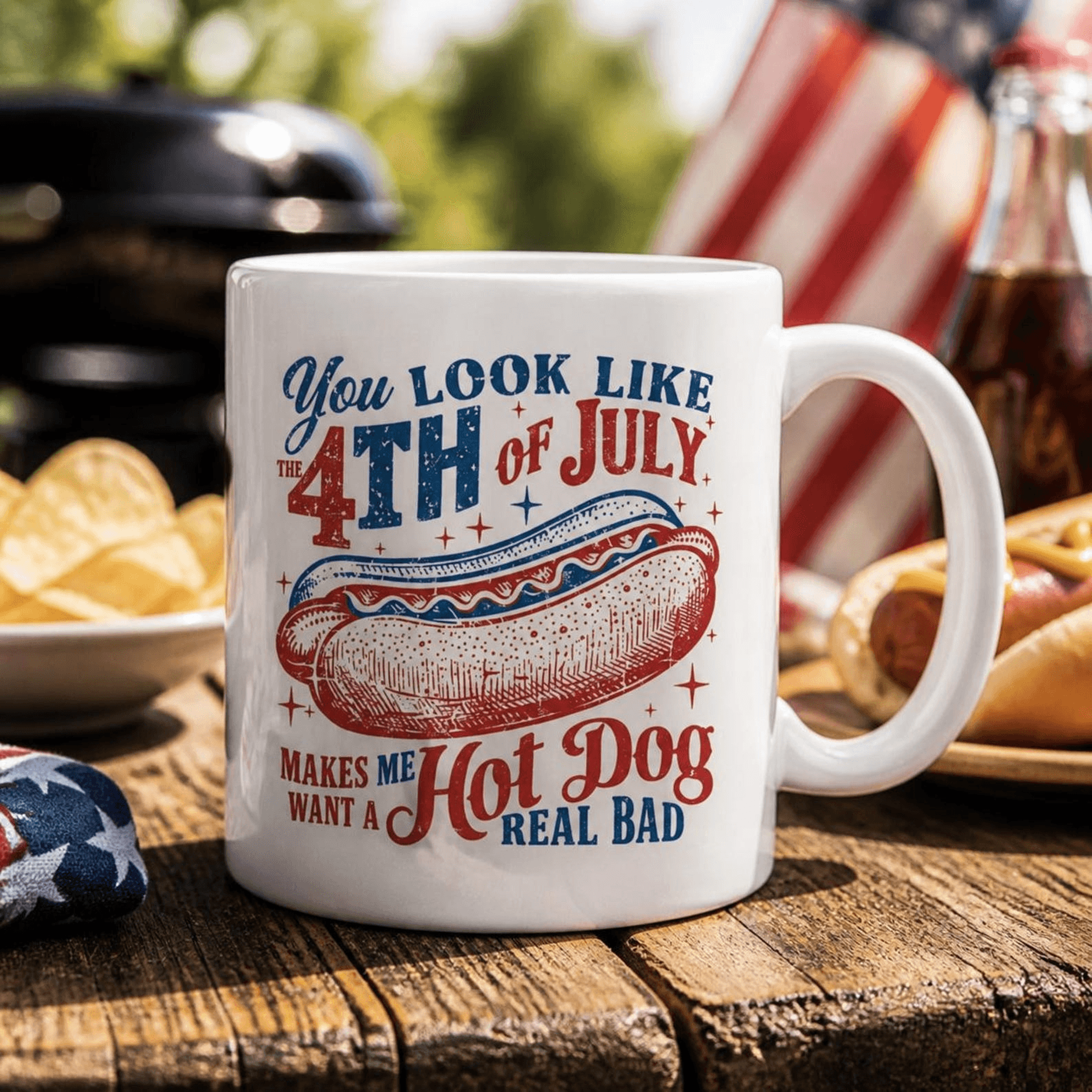 funny 4th of july hot dog mug, you look like the 4th of july patriotic bbq coffee cup gift