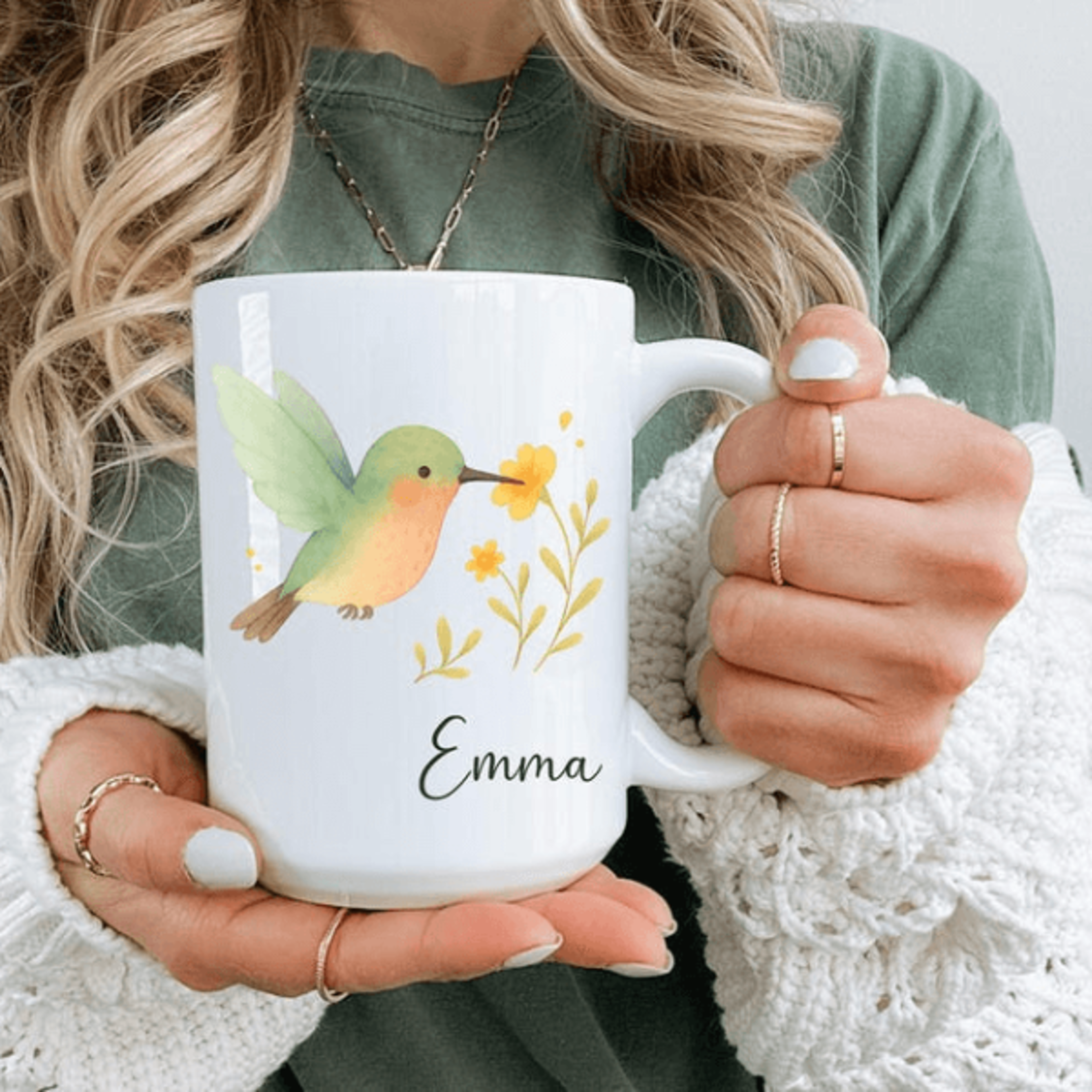 personalized hummingbird mug 15 oz mug, custom name coffee mug, bird lover gift, nature inspired mug for women & kids