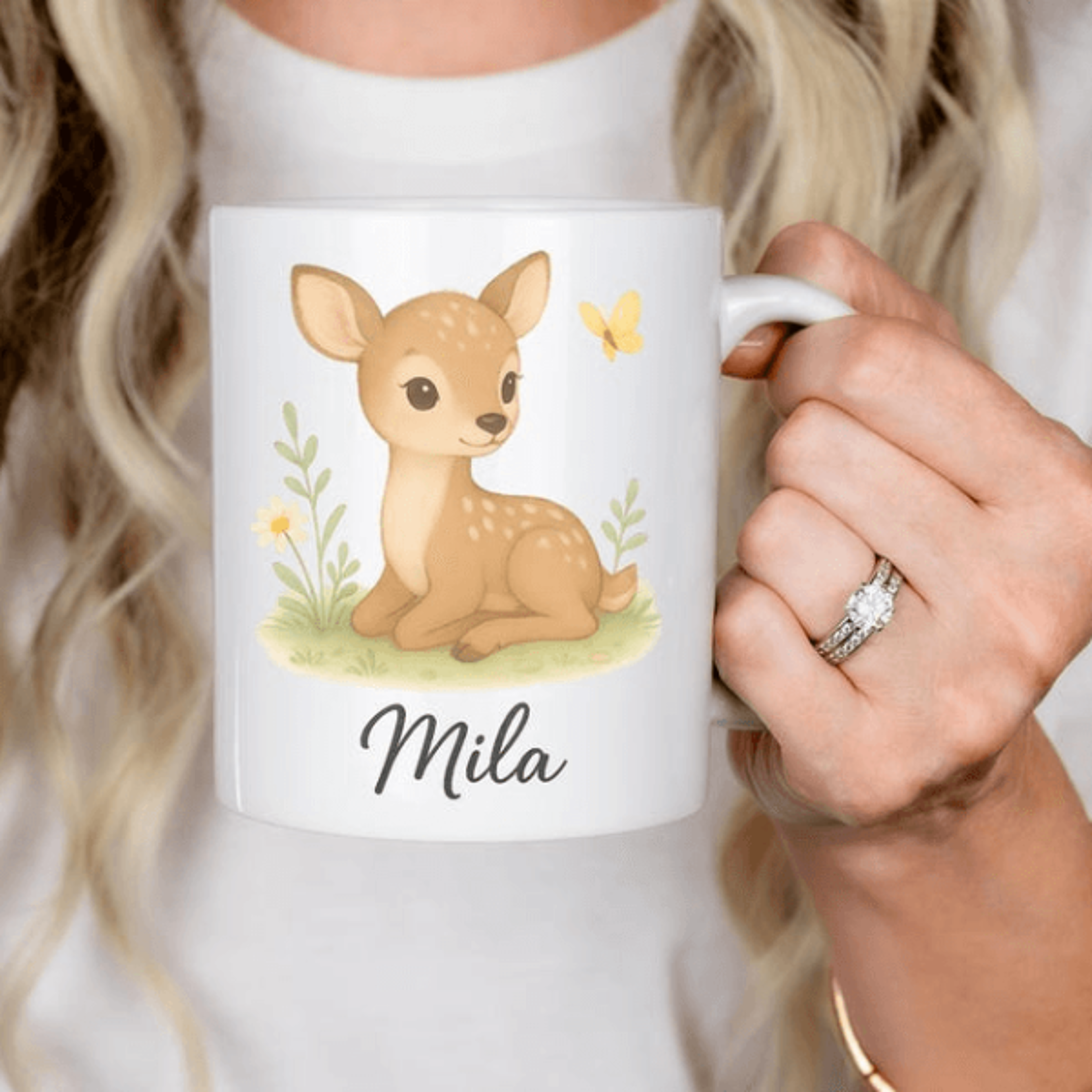 personalized deer mug 15 oz mug, custom name coffee mug, cute fawn gift for kids, woodland animal mug for girls & nature