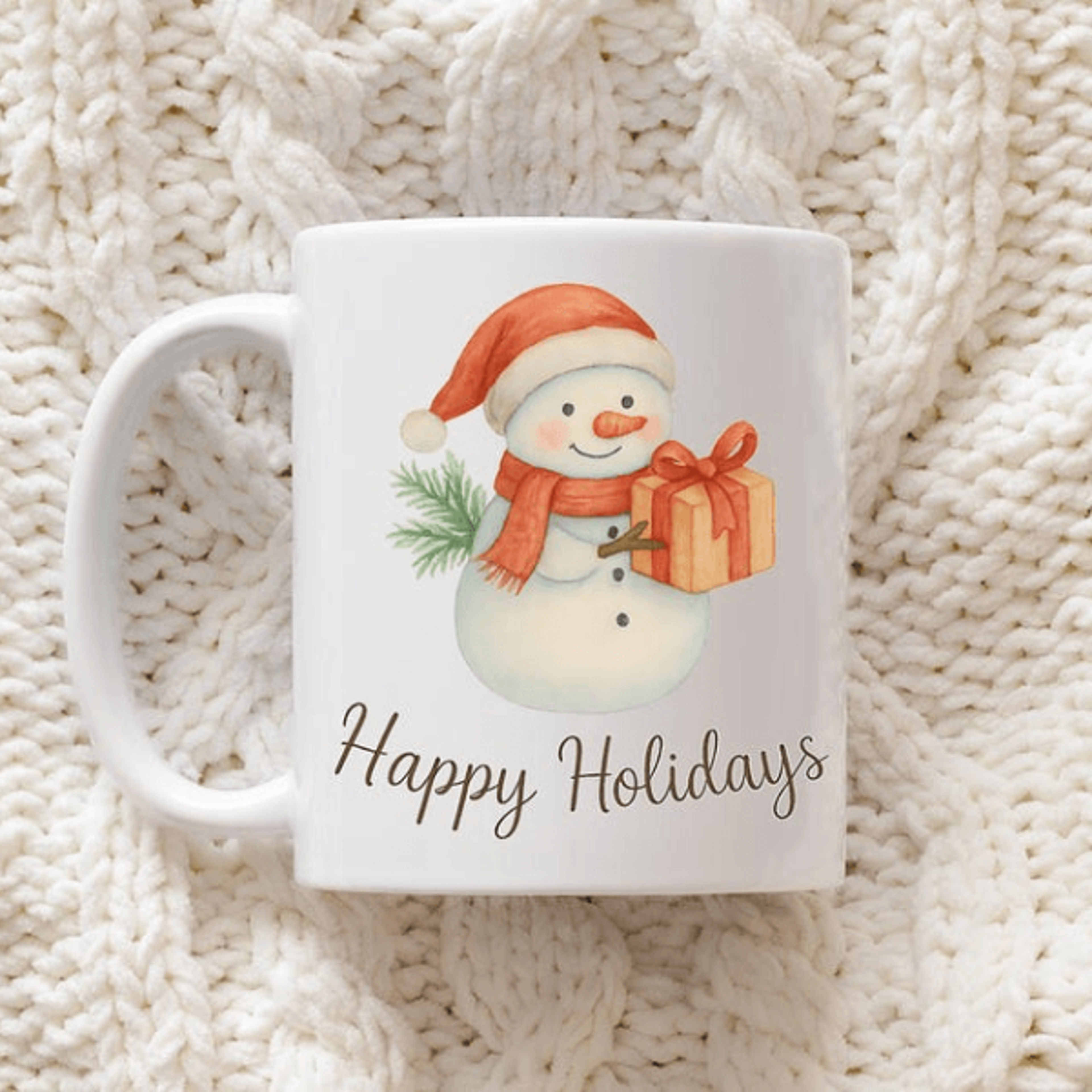 happy holidays snowman mug 15 oz mug, christmas coffee mug, winter holiday gift, cute snowman hot cocoa cup