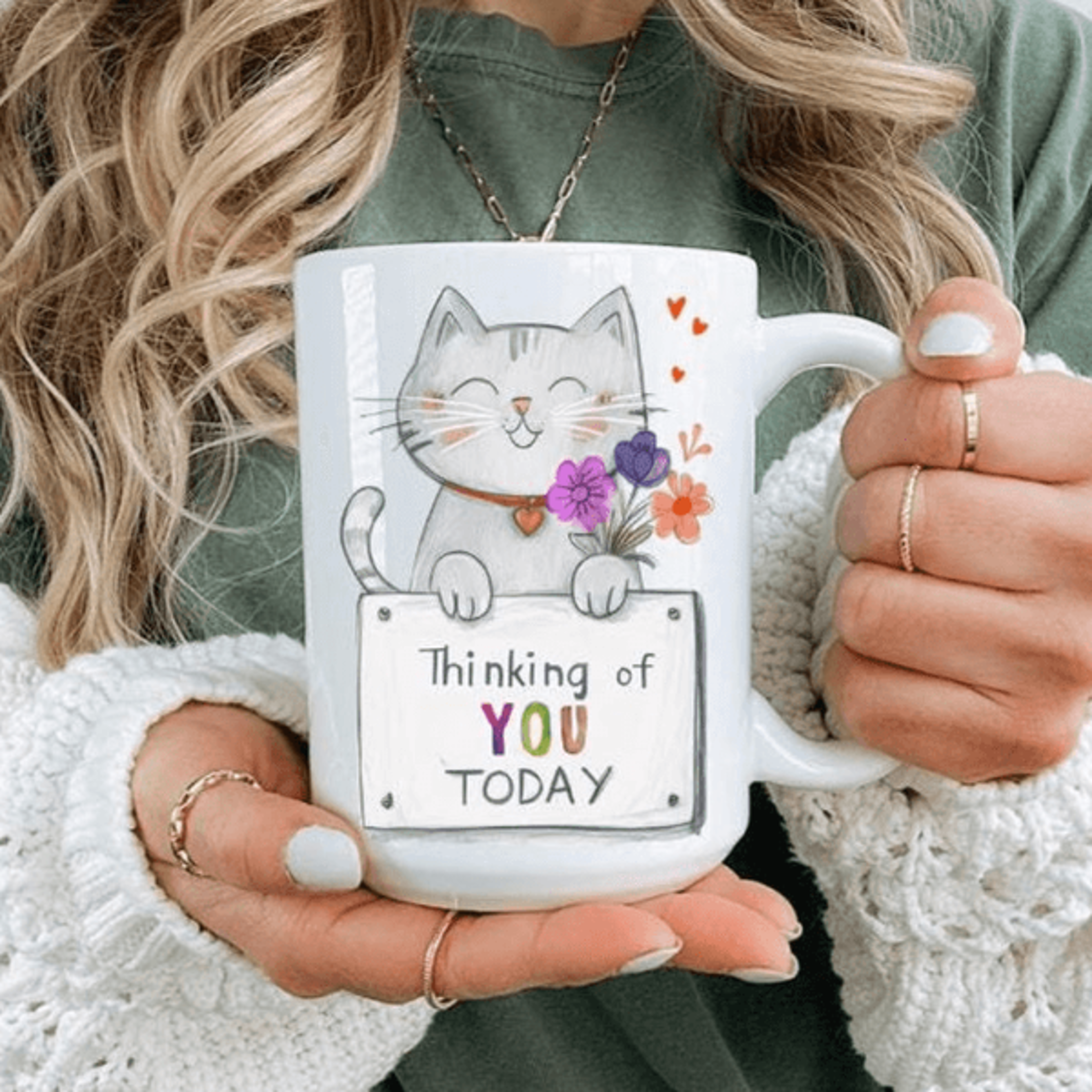 thinking of you cat mug cute cat lover coffee cup animal lover gift in 9 accent colors