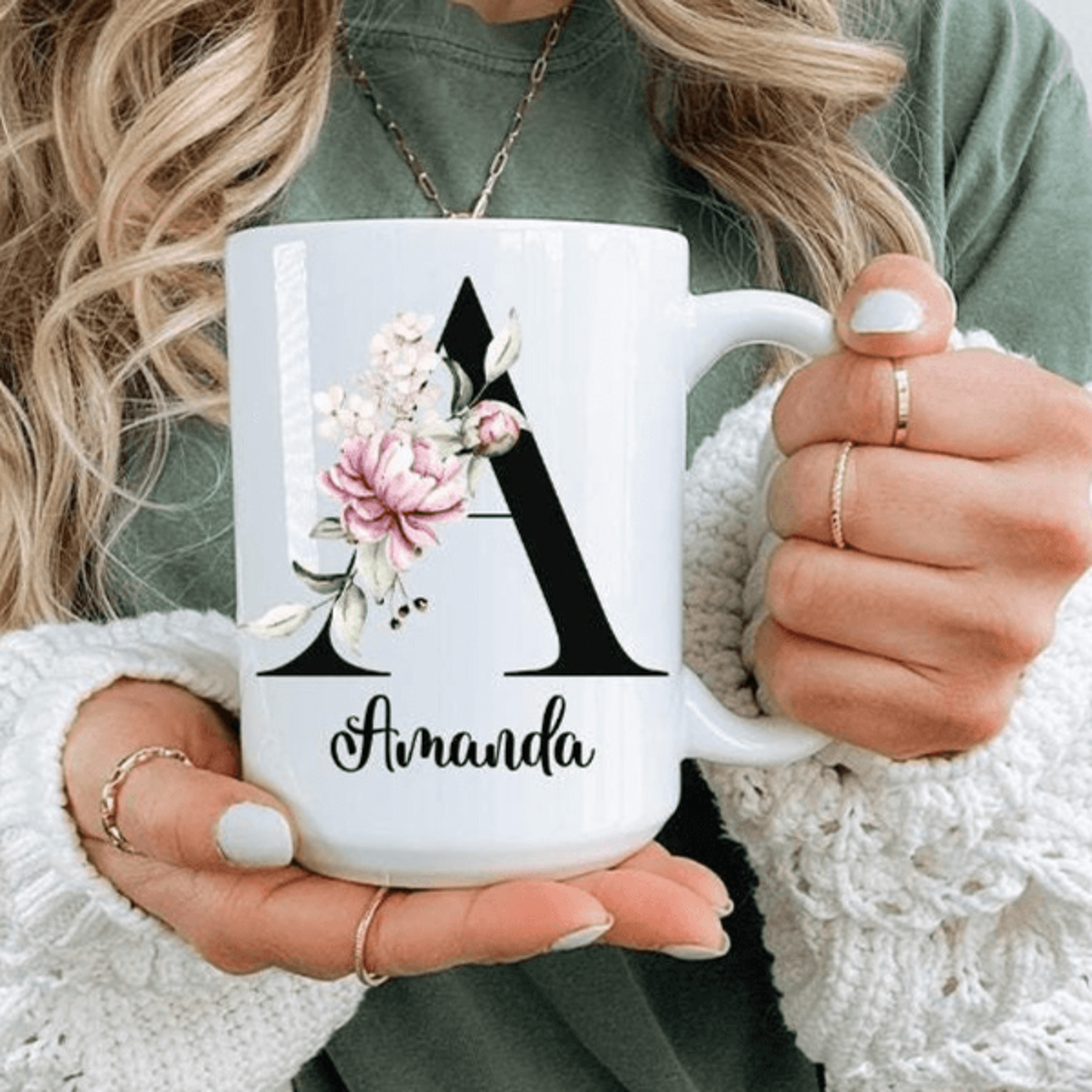 personalized floral initial mug – custom botanical monogram coffee cup gift
