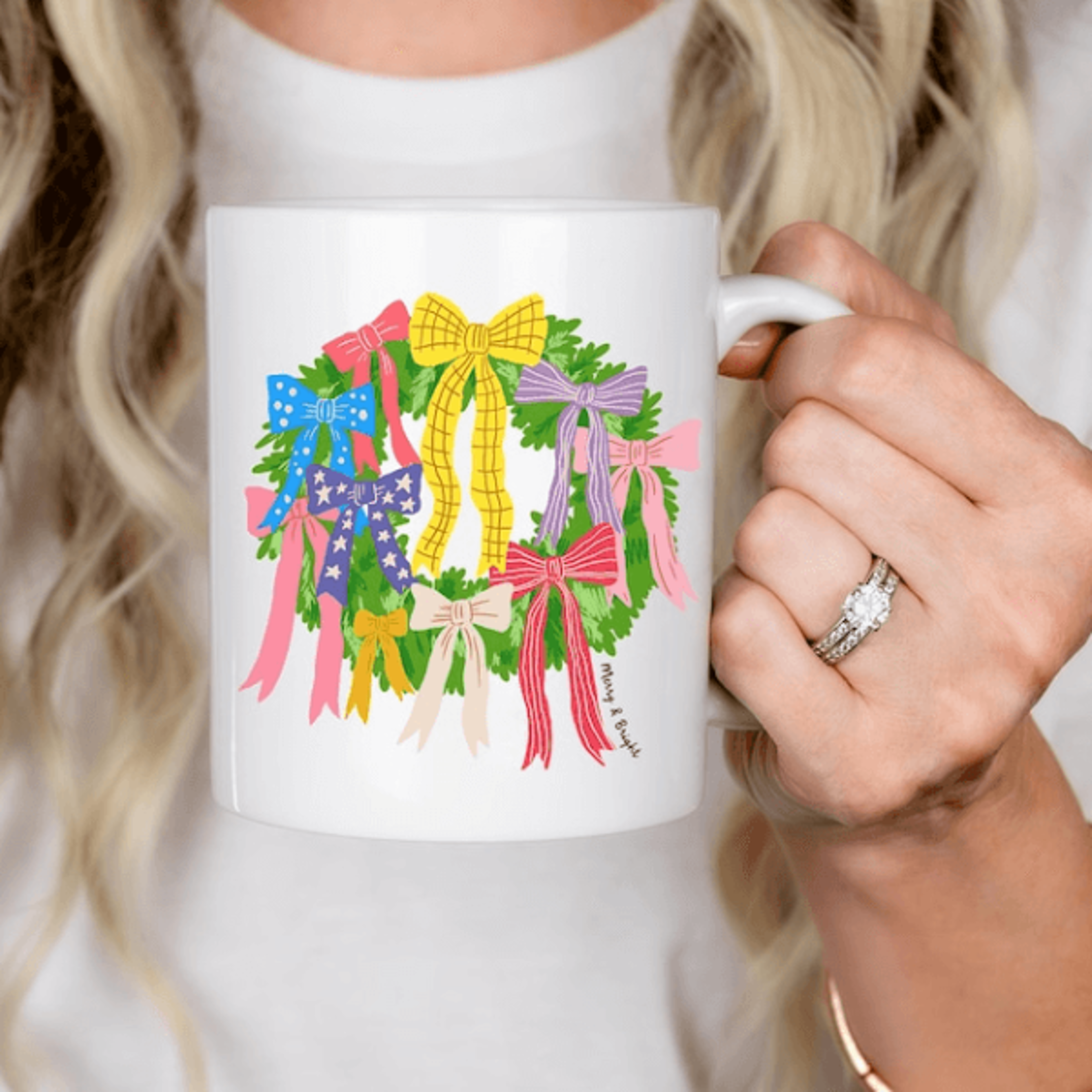 colorful christmas wreath mug 15 oz mug, festive bow wreath coffee mug, merry christmas holiday gift, christmas coffee