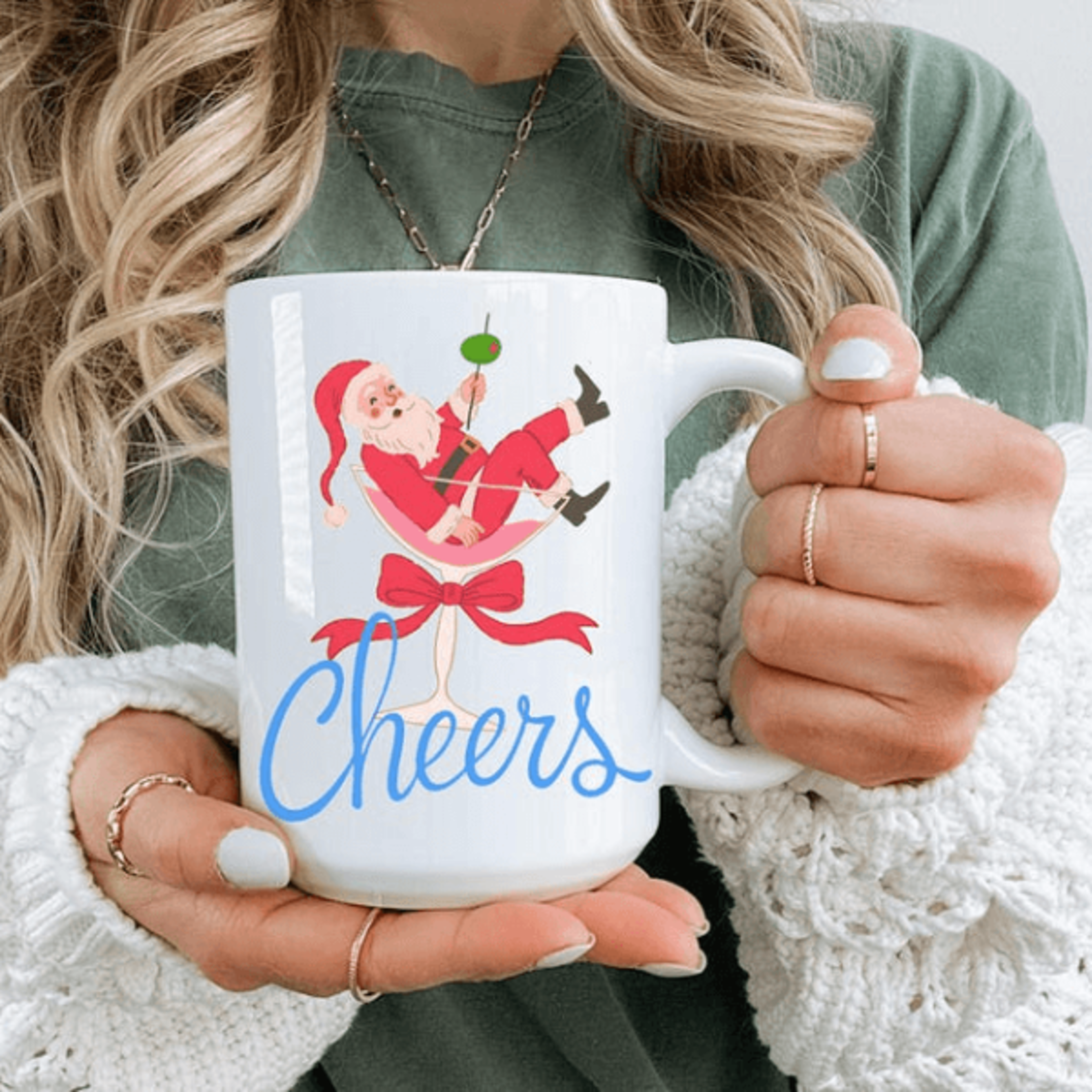 cheers santa christmas mug 15 oz mug, funny holiday coffee mug, santa cocktail glass mug, festive christmas gift