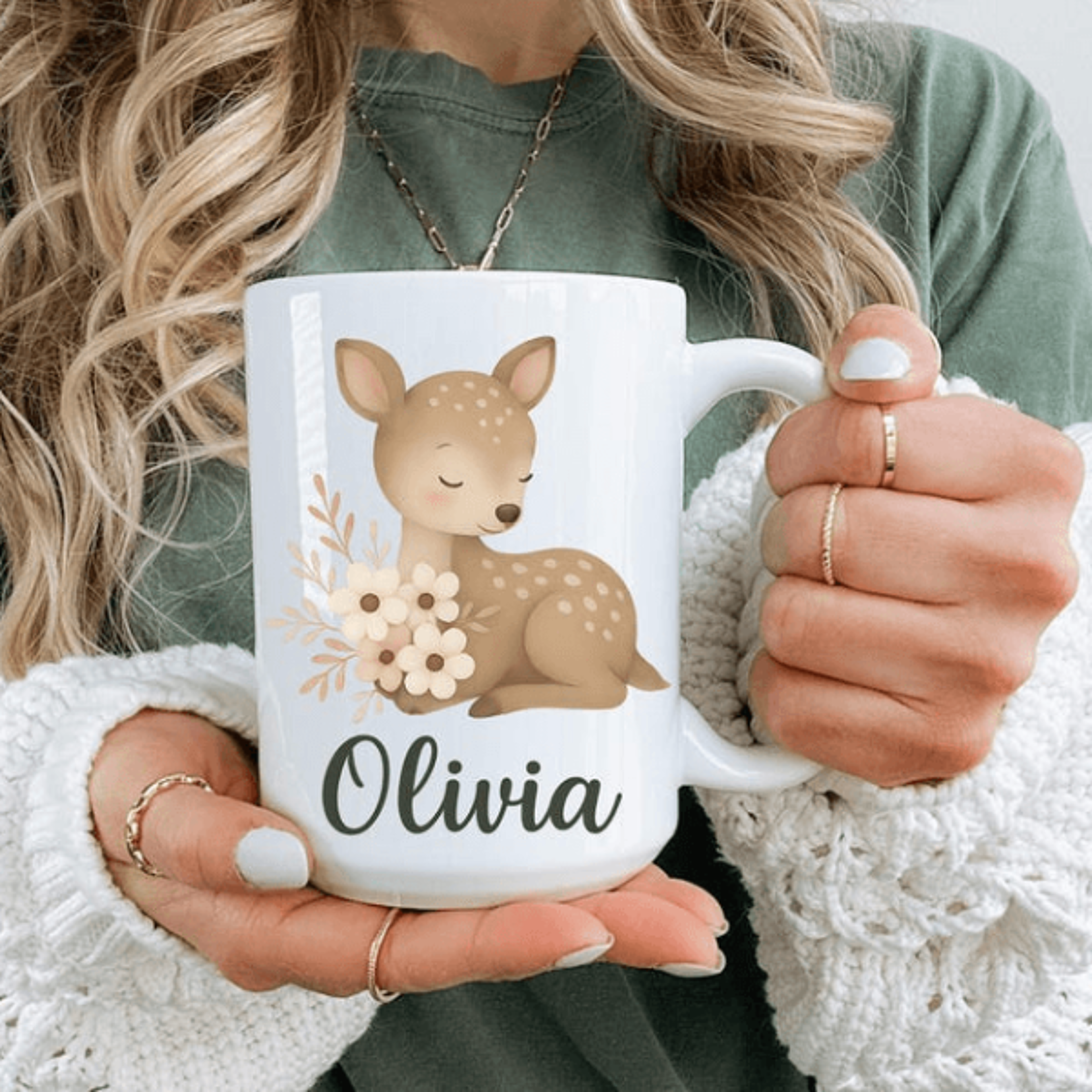 personalized deer mug 15 oz mug, custom name woodland deer coffee mug, baby deer mug, cute forest animal gift