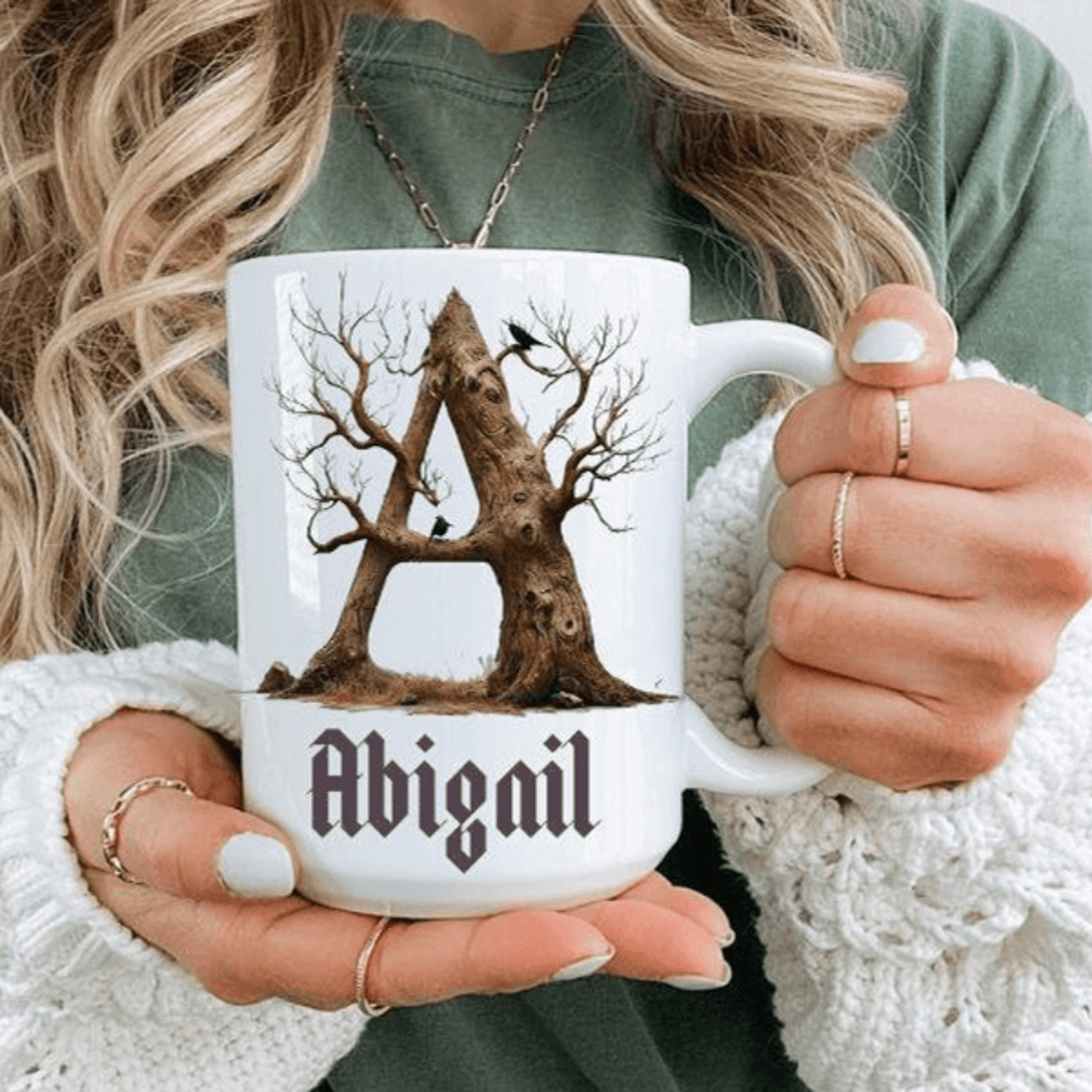 personalized tree monogram mug – custom initial nature coffee cup gift