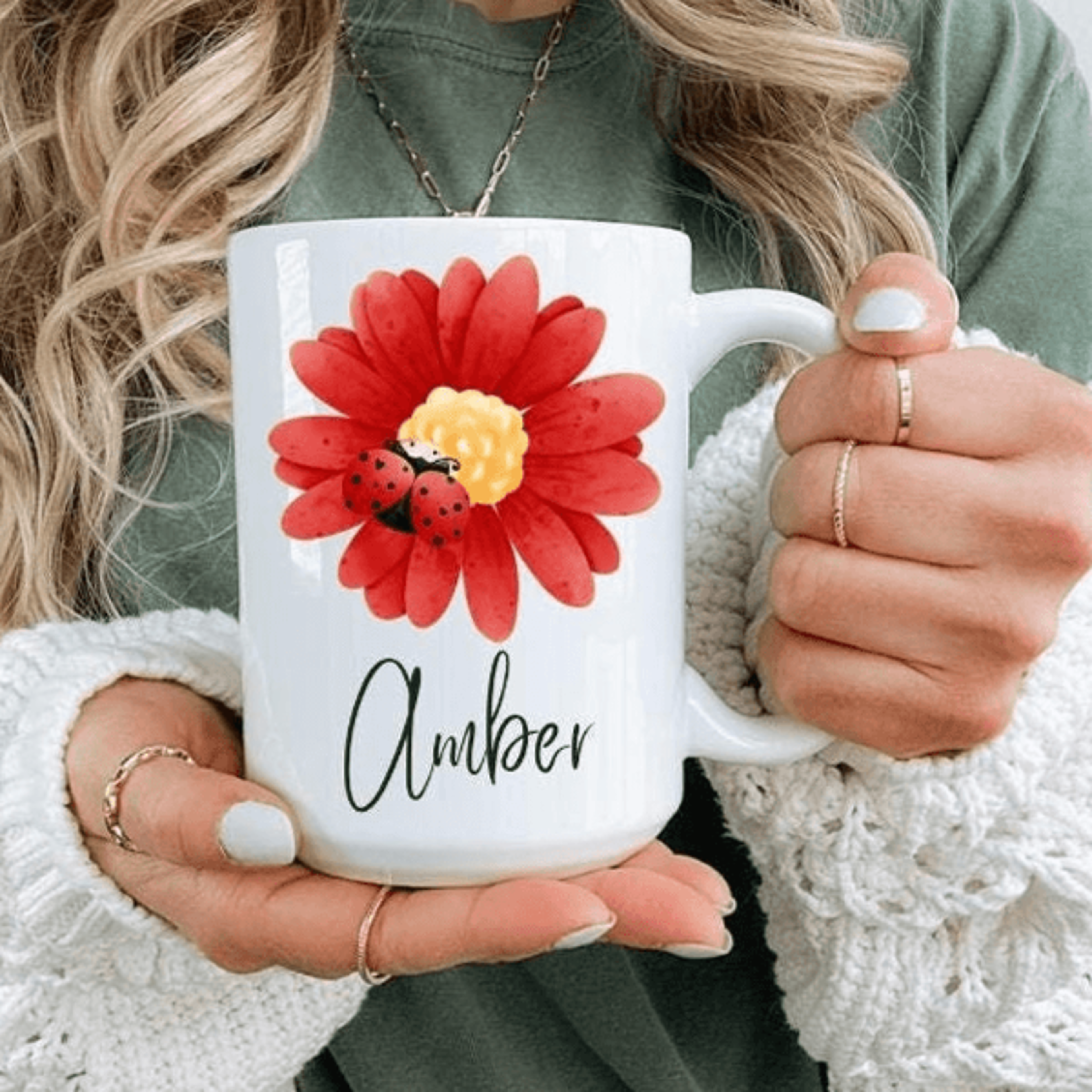personalized ladybug flower coffee mug | custom name ceramic cup for nature lovers