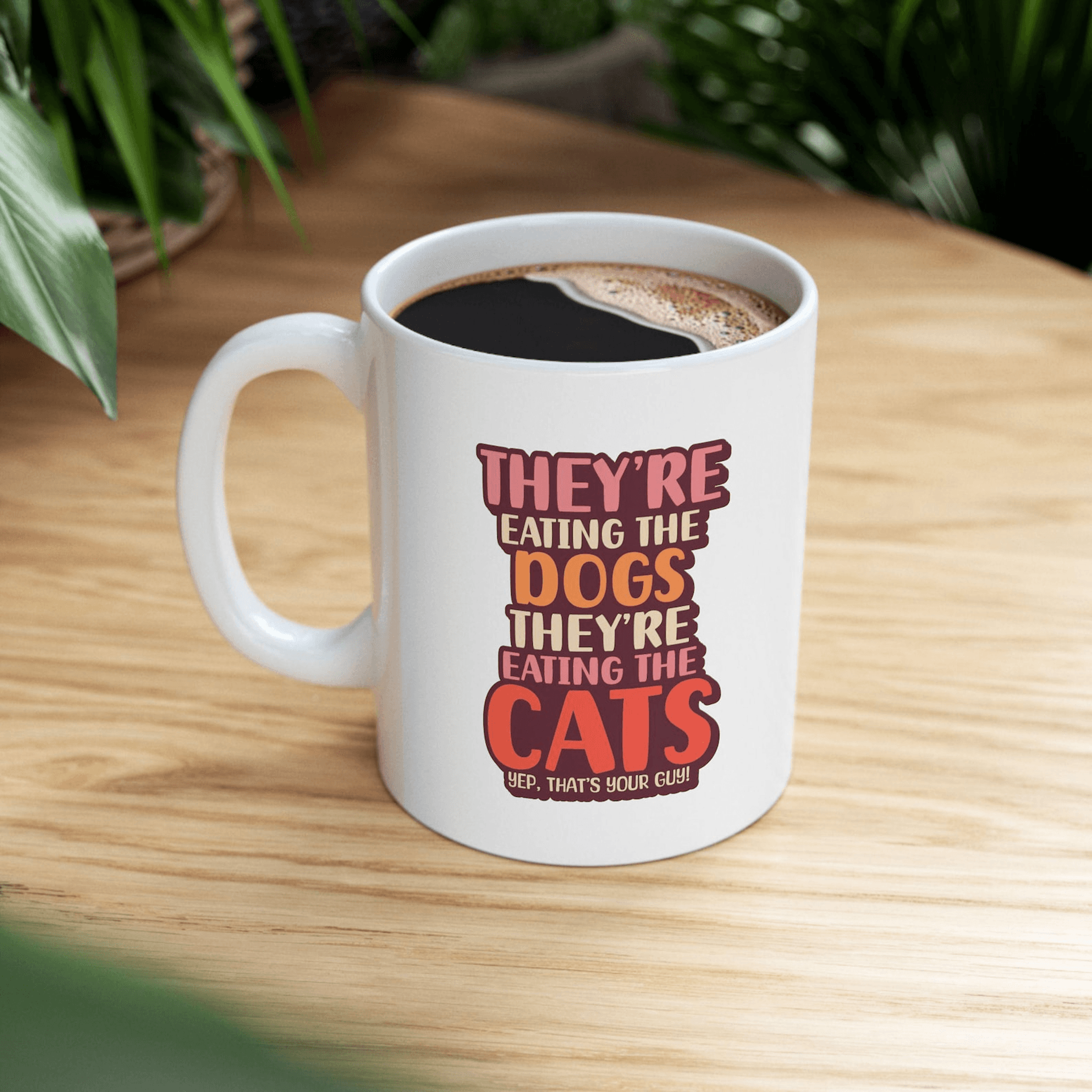eating dogs and cats political statement coffee mug – funny satirical ceramic gift