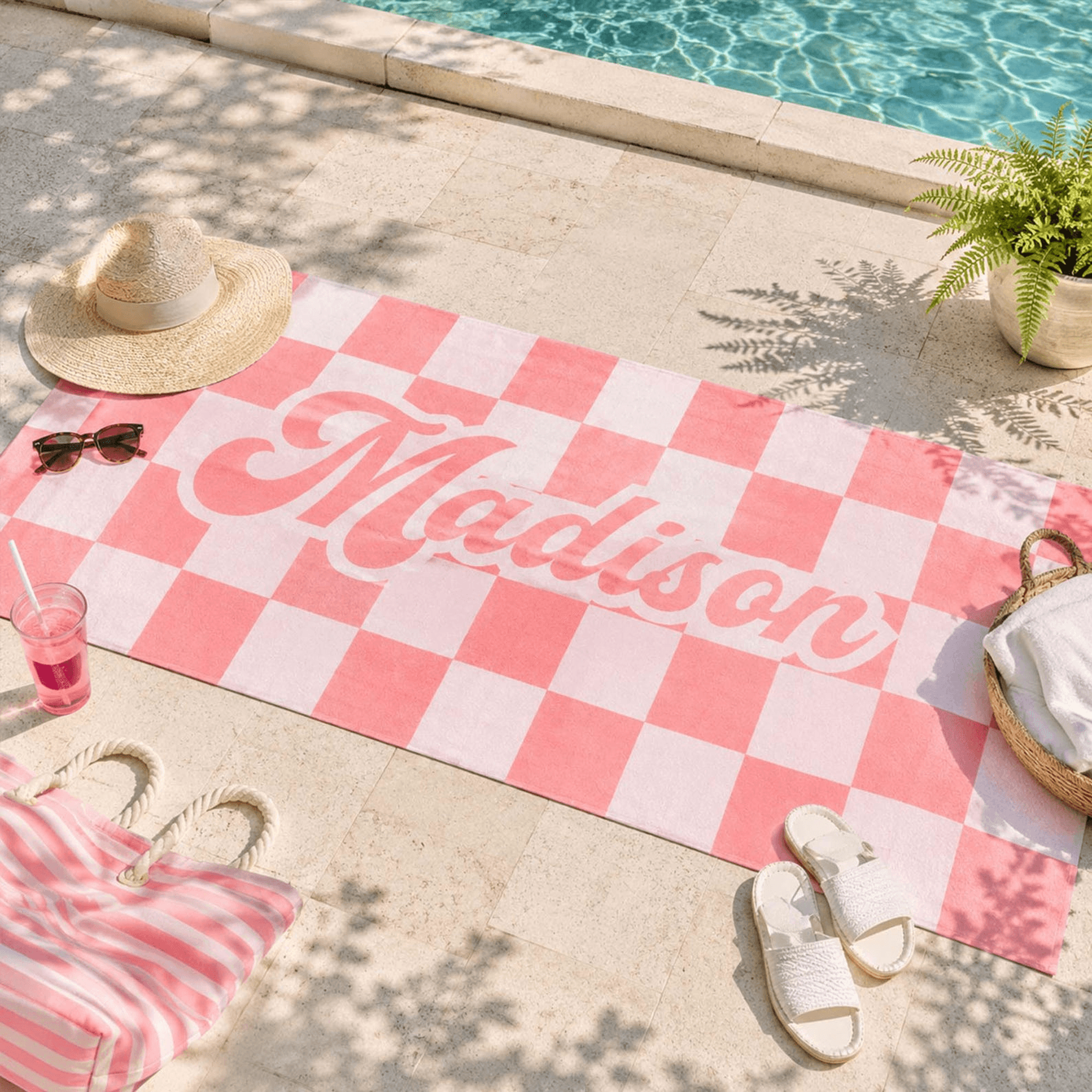 Personalized Checkerboard Beach Towel With Name  Custom Preppy Pool Towel For Vacations  Bridal Par 1