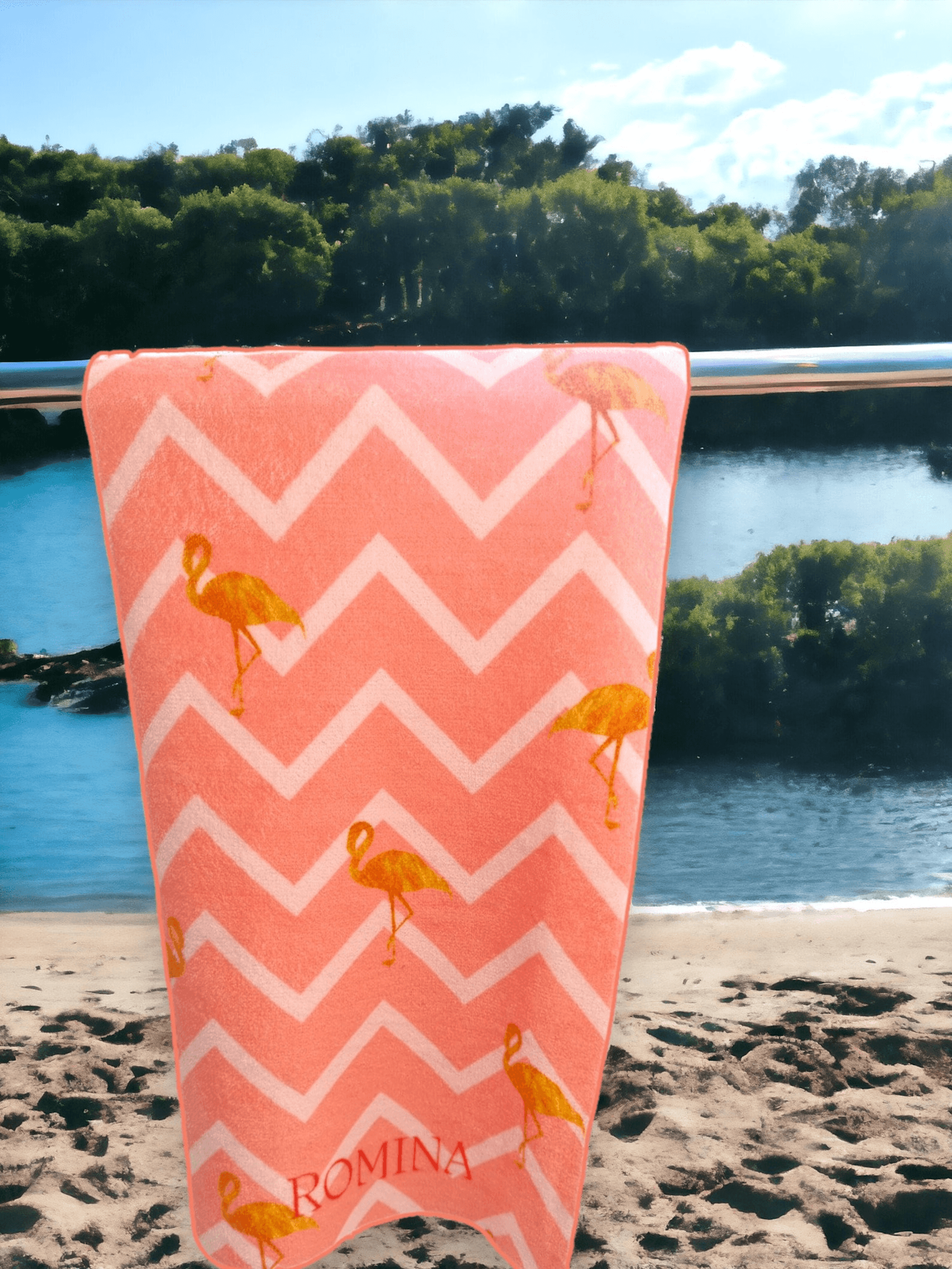 Personalized Pink Flamingo Beach Towel With Name  Custom Summer Pool Towel For Vacations  Birthday  1