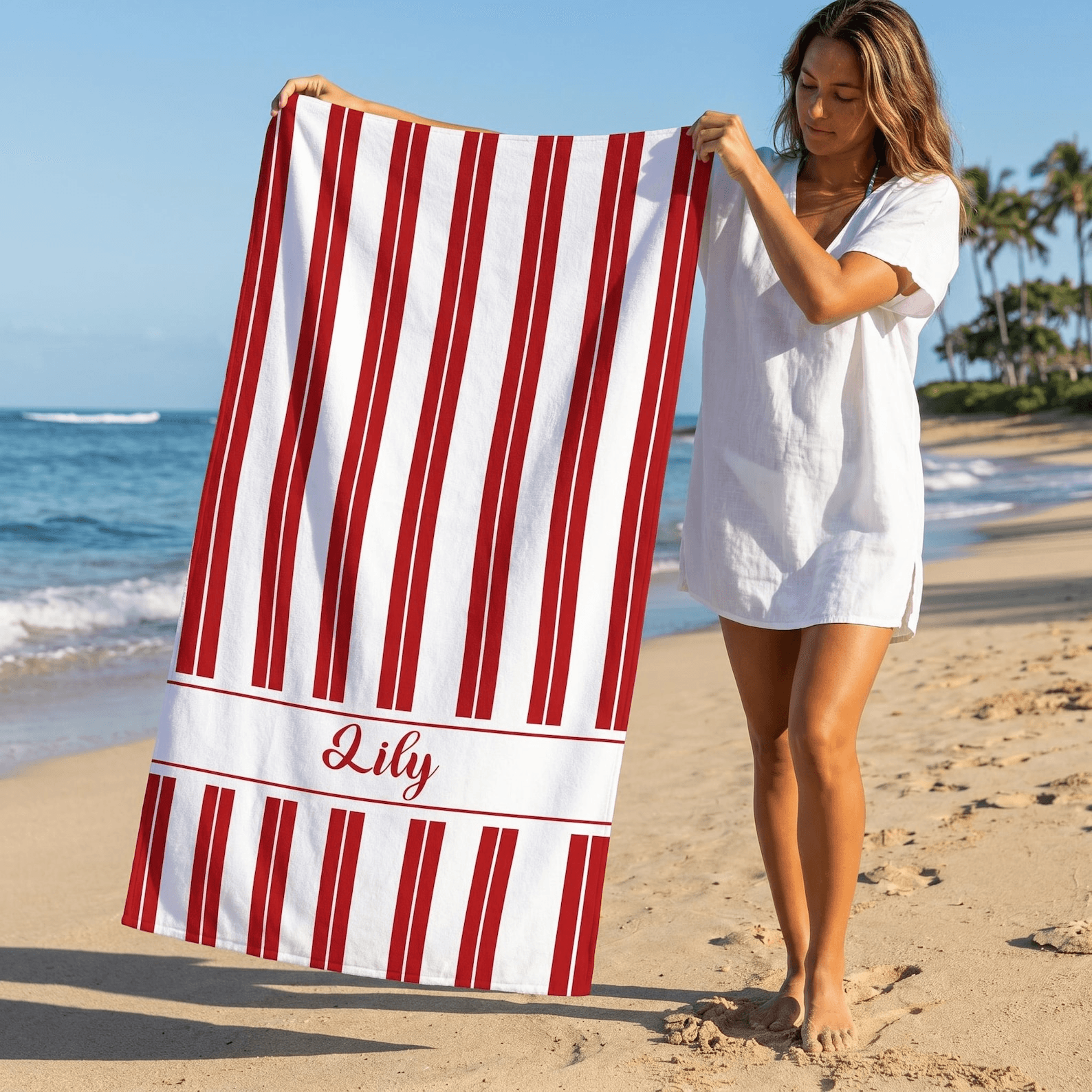 Custom Pink White Striped Beach Towel Personalized Quick Dry Beach Towel Gift 2
