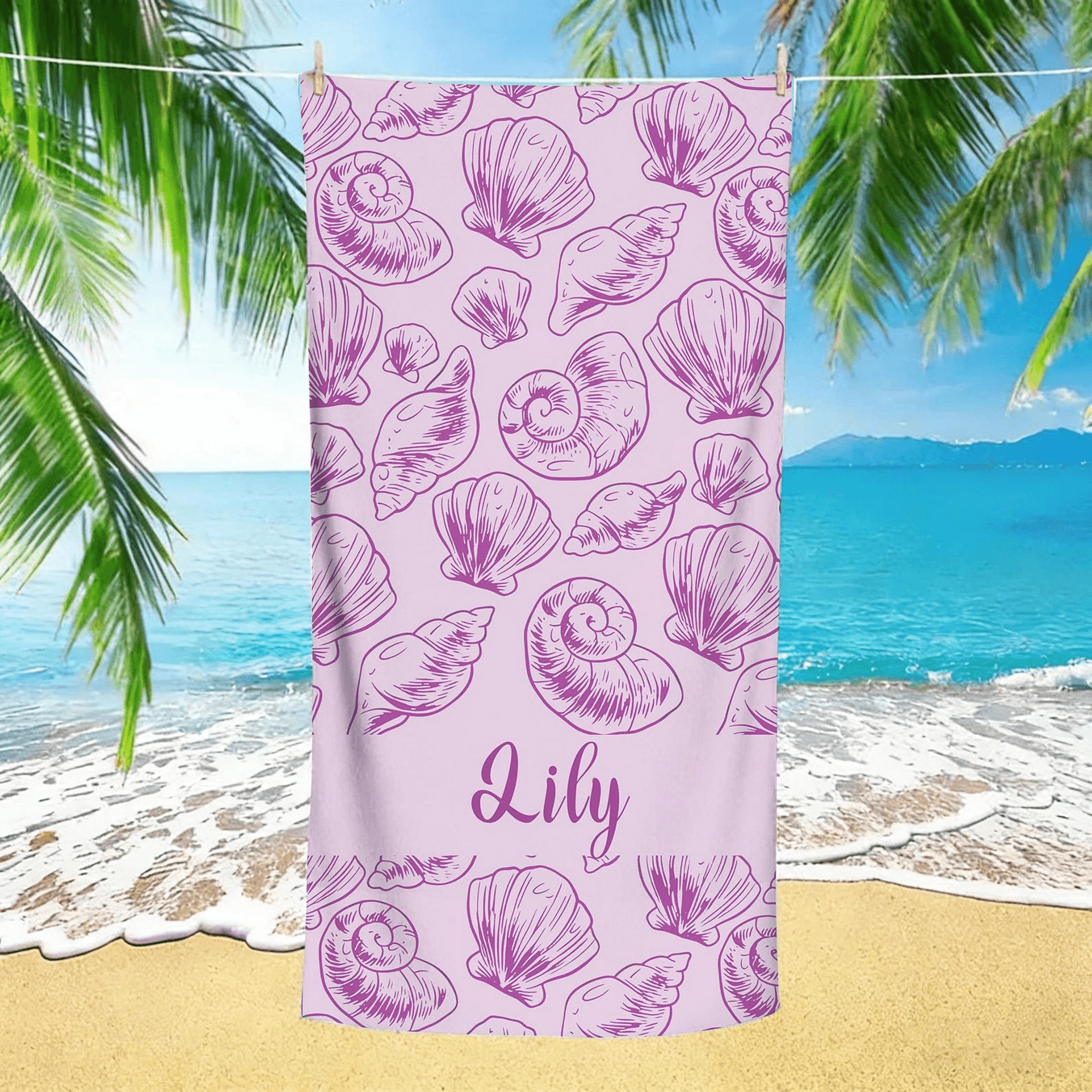 Personalized Seashell Striped Beach Towel With Custom Name For Kids Summer Vacations 1