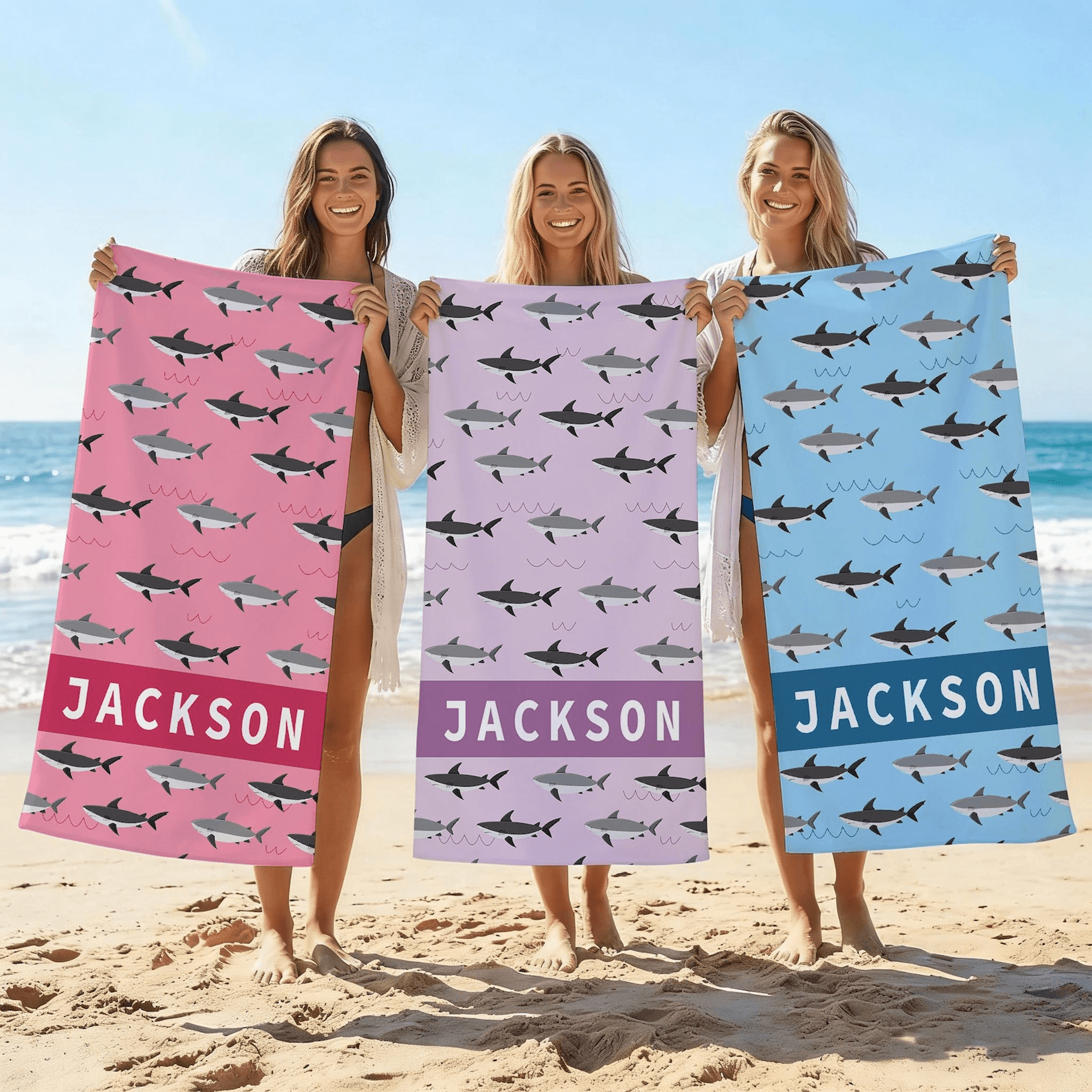 Personalized Shark Beach Towel With Custom Name For Kids Summer Vacations 1