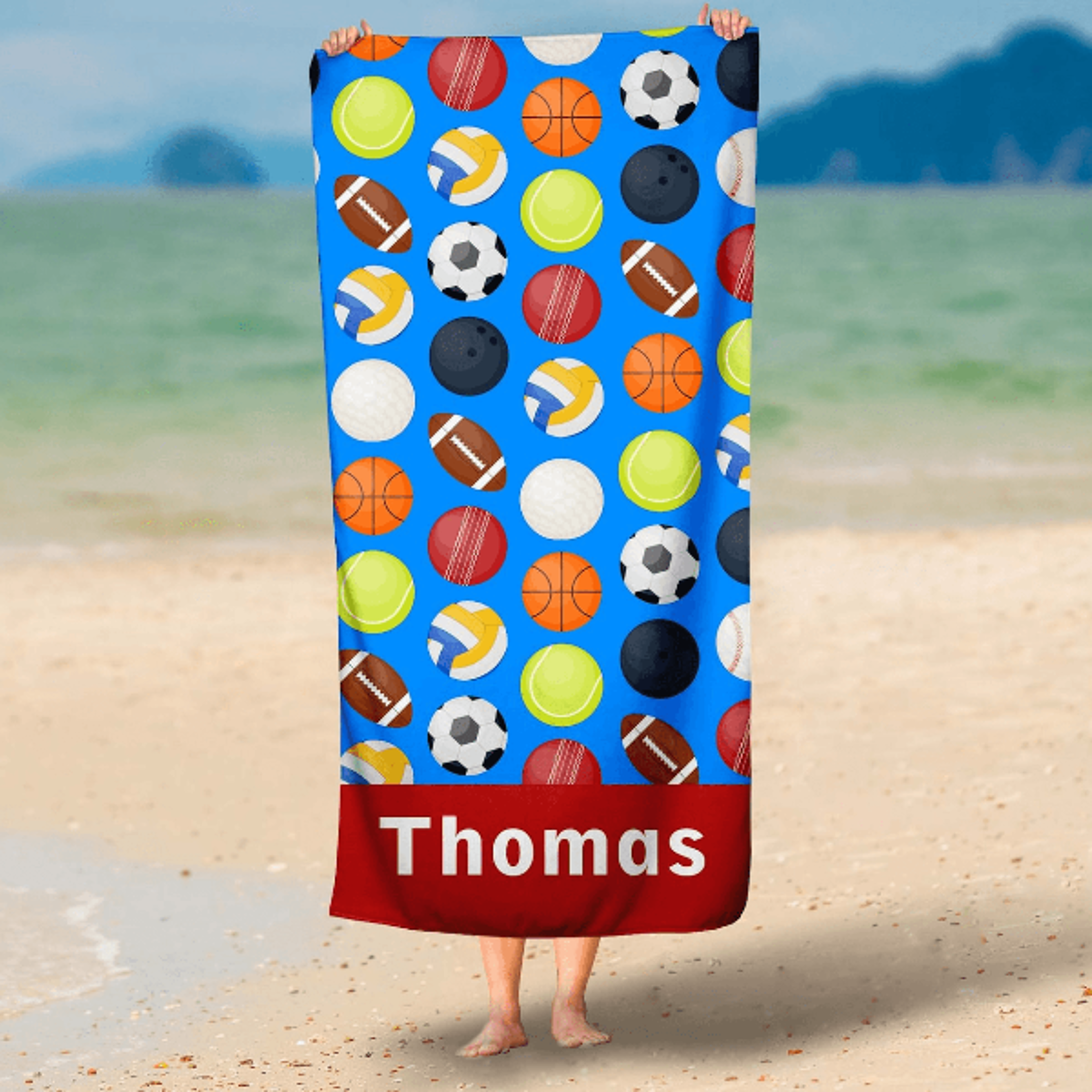 personalized sports beach towel with custom name – kids athletic pool & beach towel