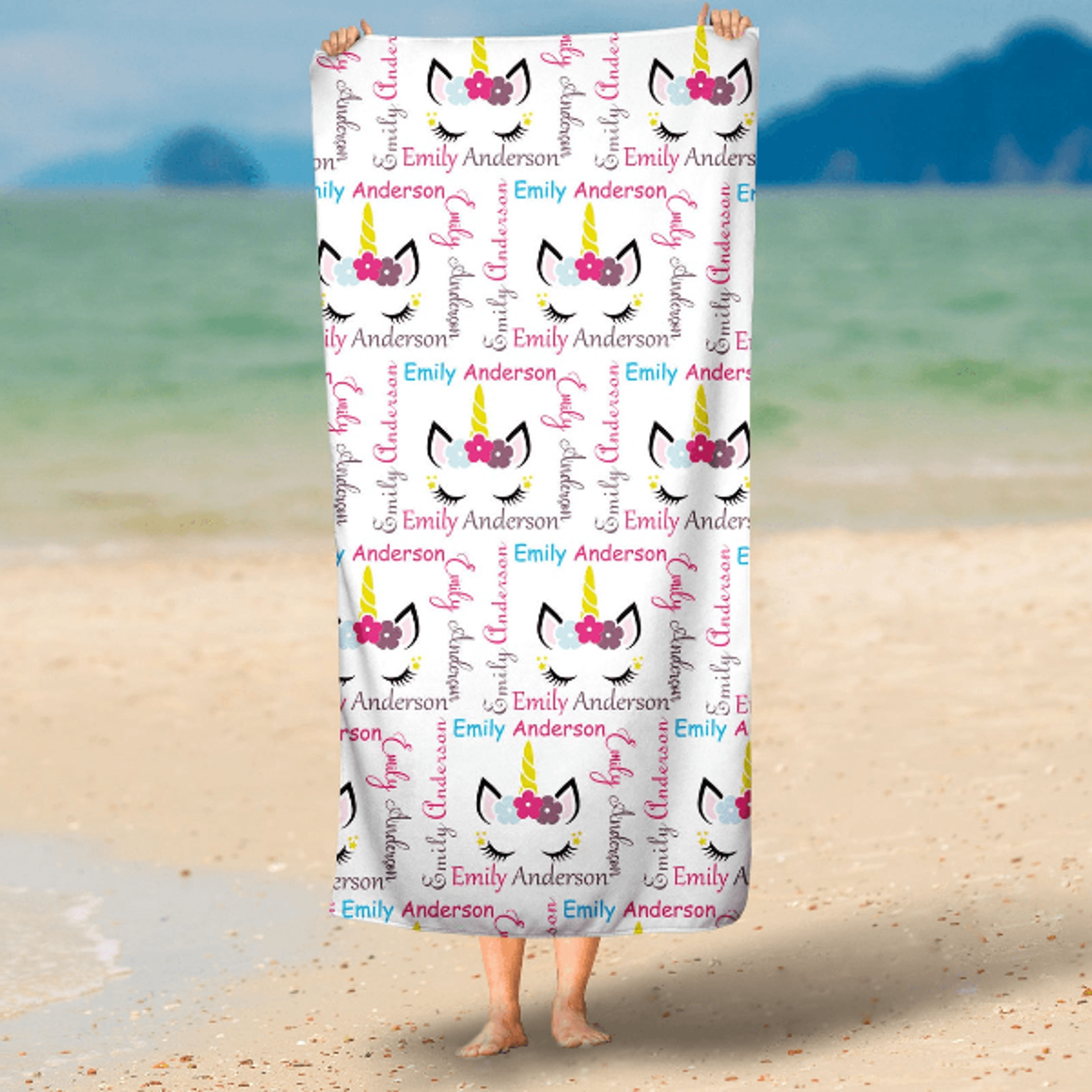 personalized unicorn beach towel with custom name – magical kids pool & beach towel