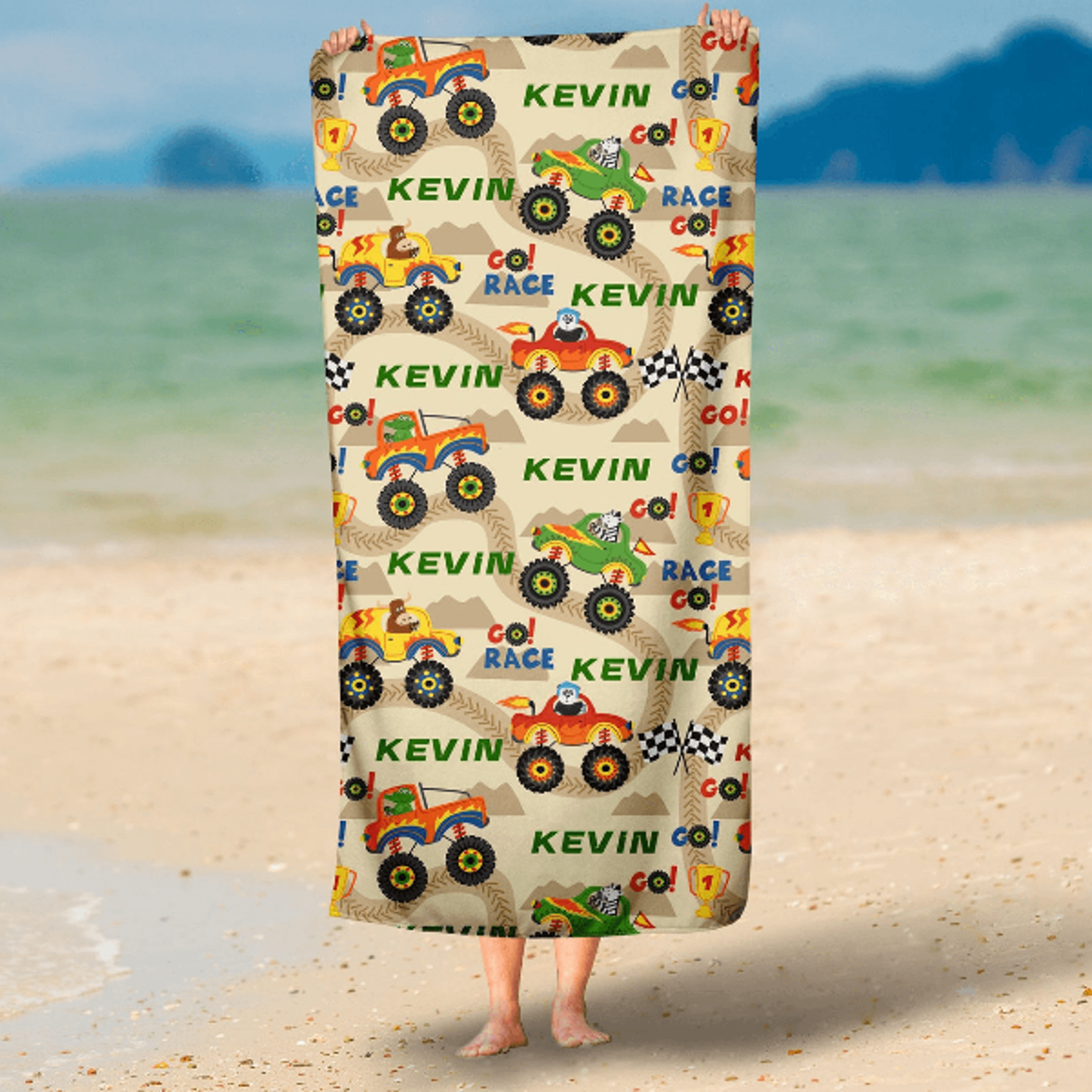 personalized monster truck beach towel with custom name – kids adventure pool & beach towel