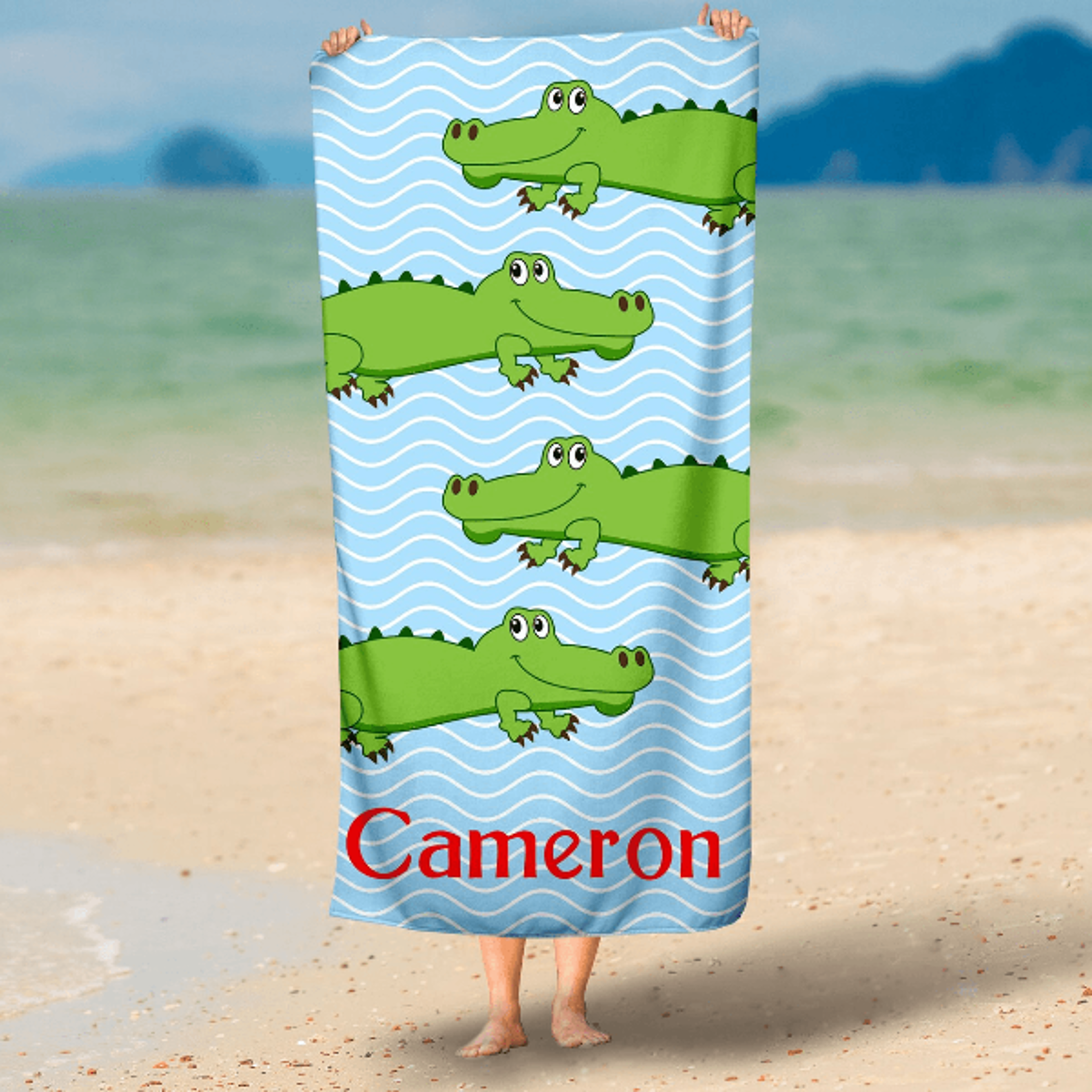 personalized cute alligator beach towel with custom name – kids pool & beach adventure towel