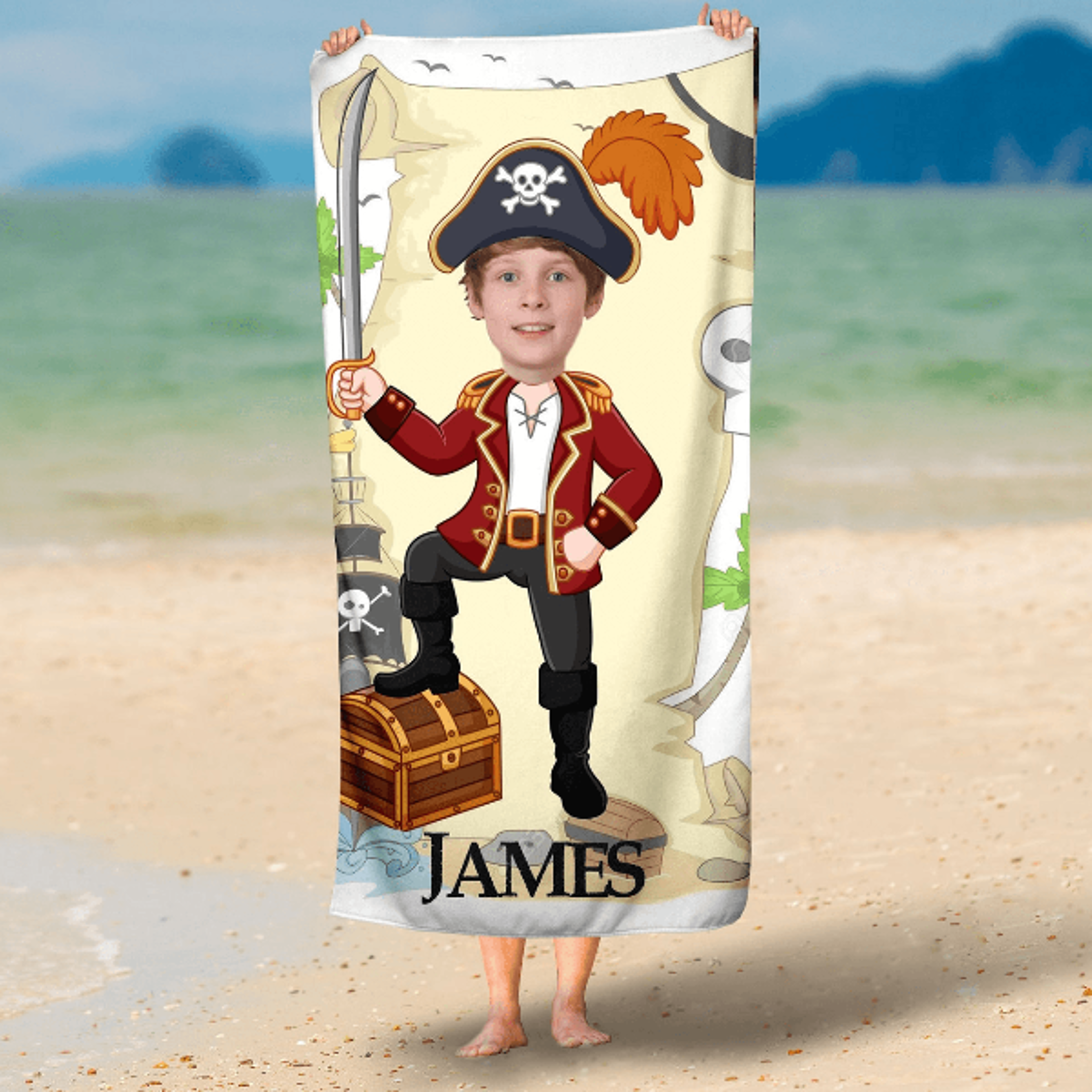 personalized pirate face towel with custom photo – pirate costume beach, pool & party favor gift