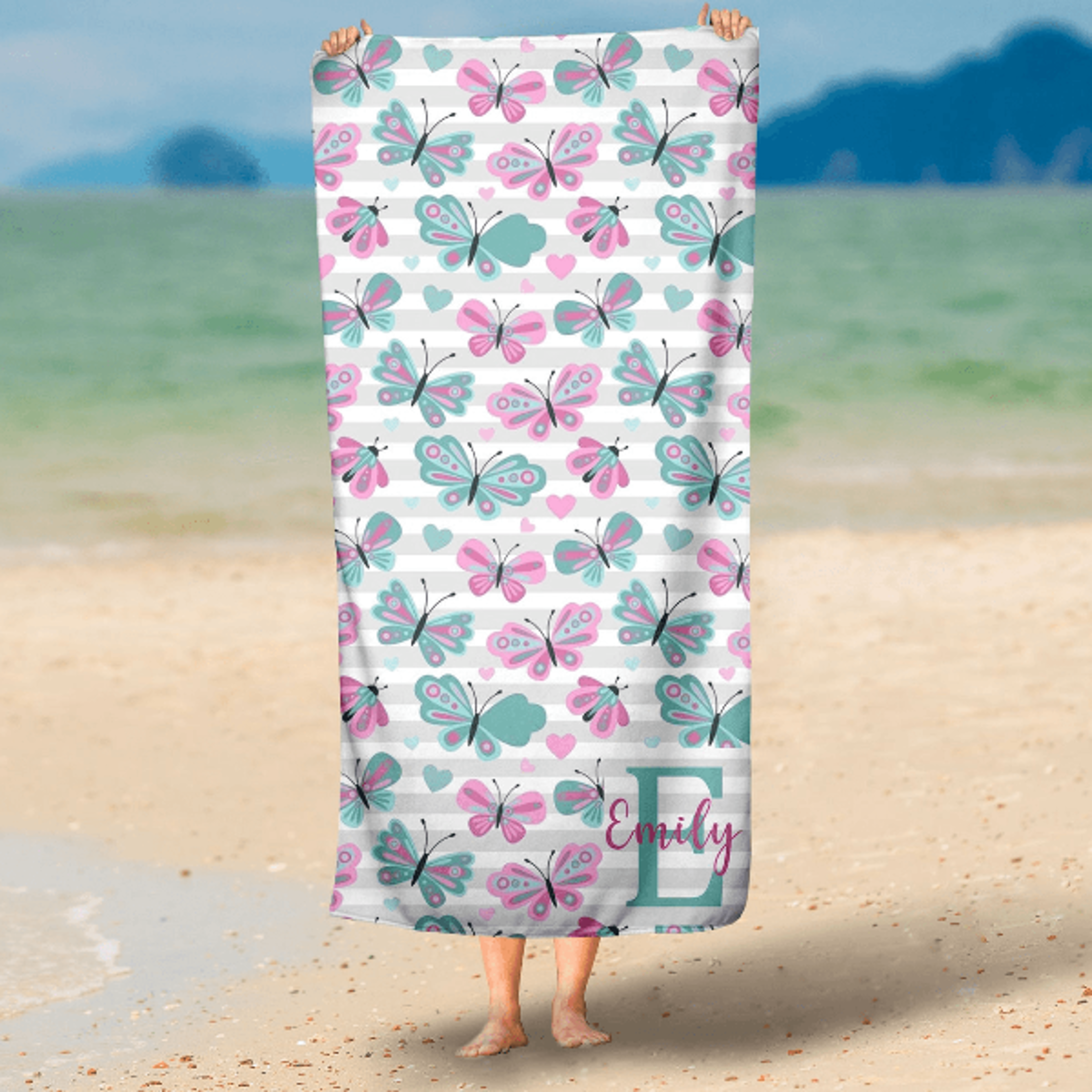 personalized butterfly beach towel with custom name – floral kids pool & beach towel