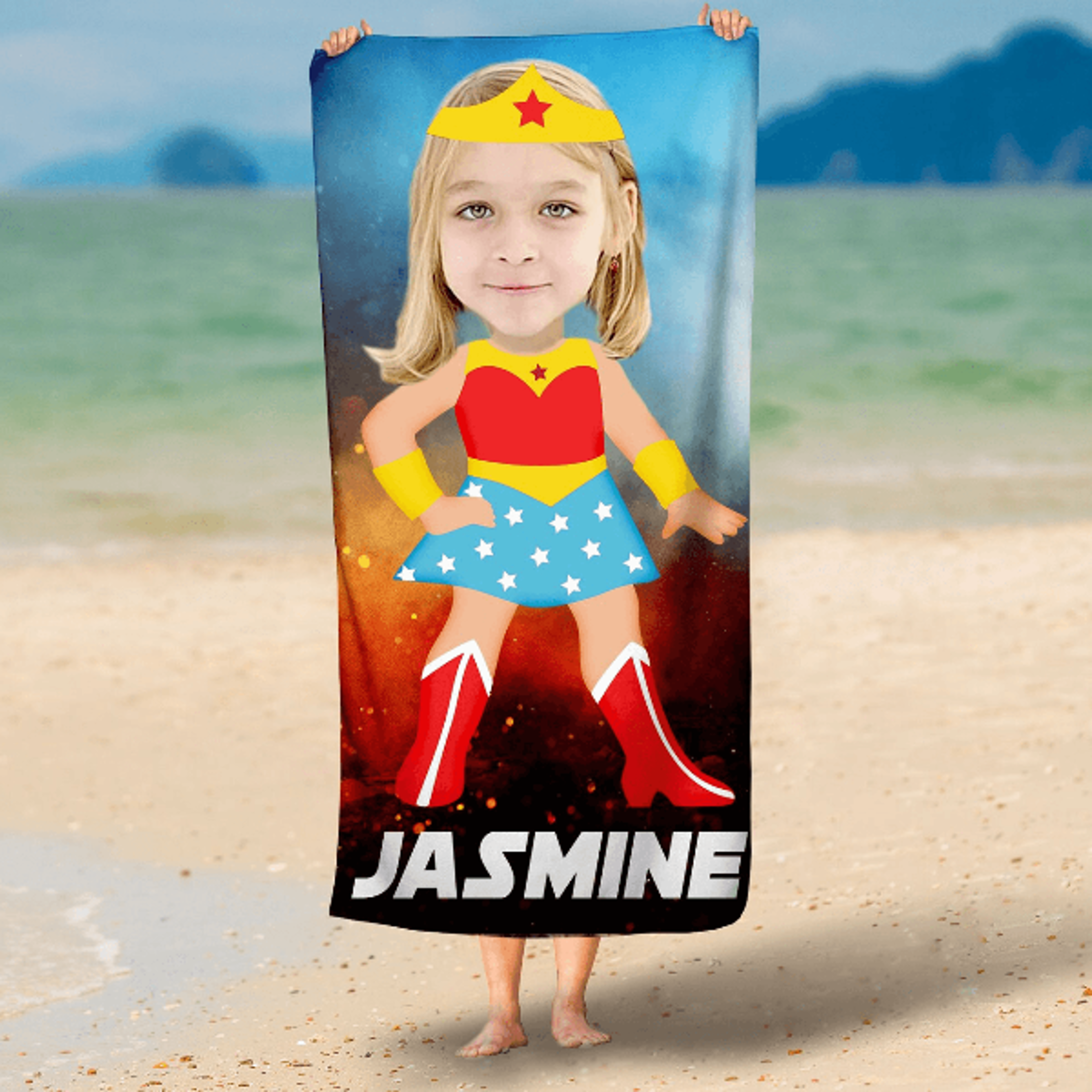 personalized superhero face beach towel with custom photo – wonder woman inspired pool & party towel