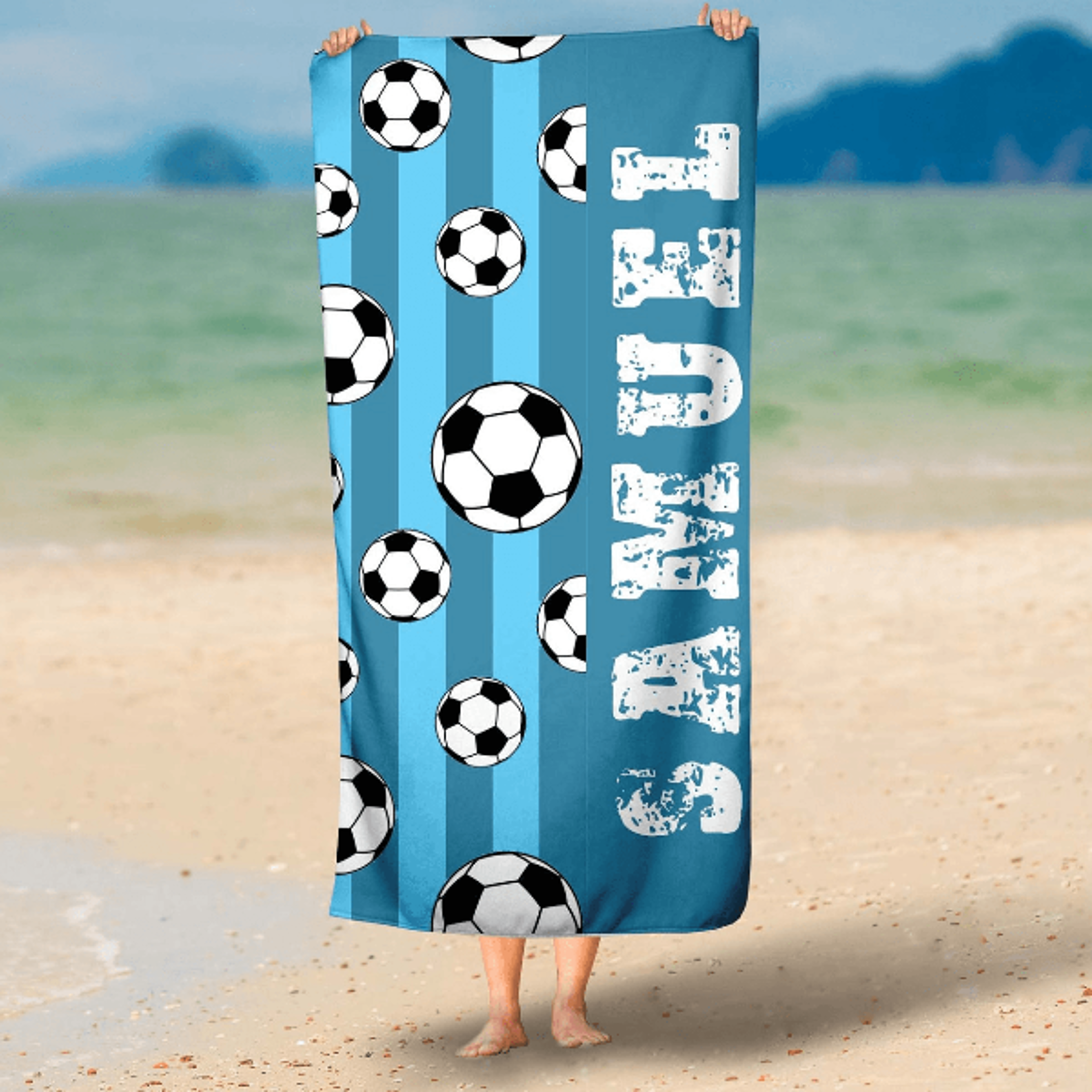 personalized soccer beach towel with custom name – kids sports pool & beach towel