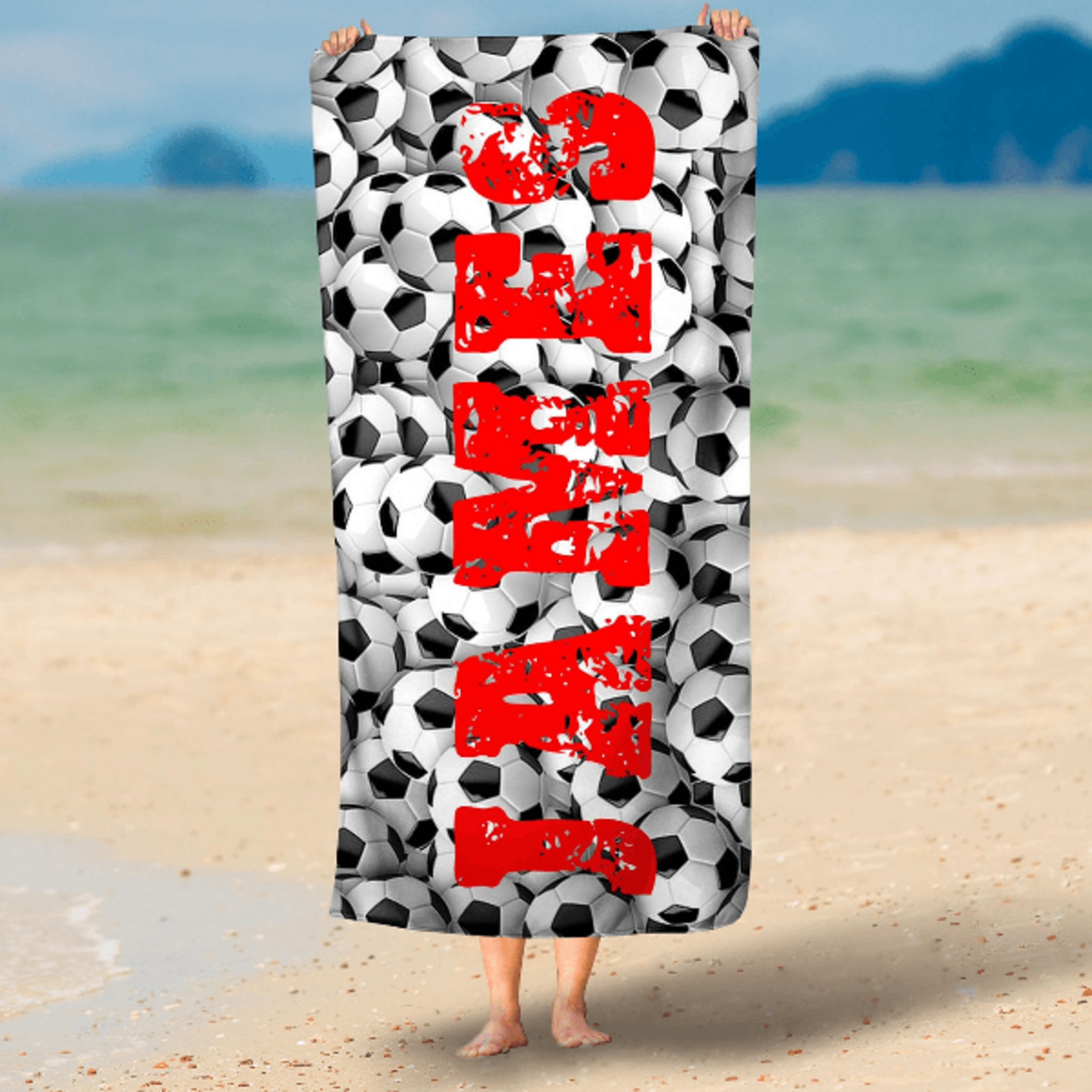 personalized soccer ball beach towel with custom name – kids sports pool & beach towel