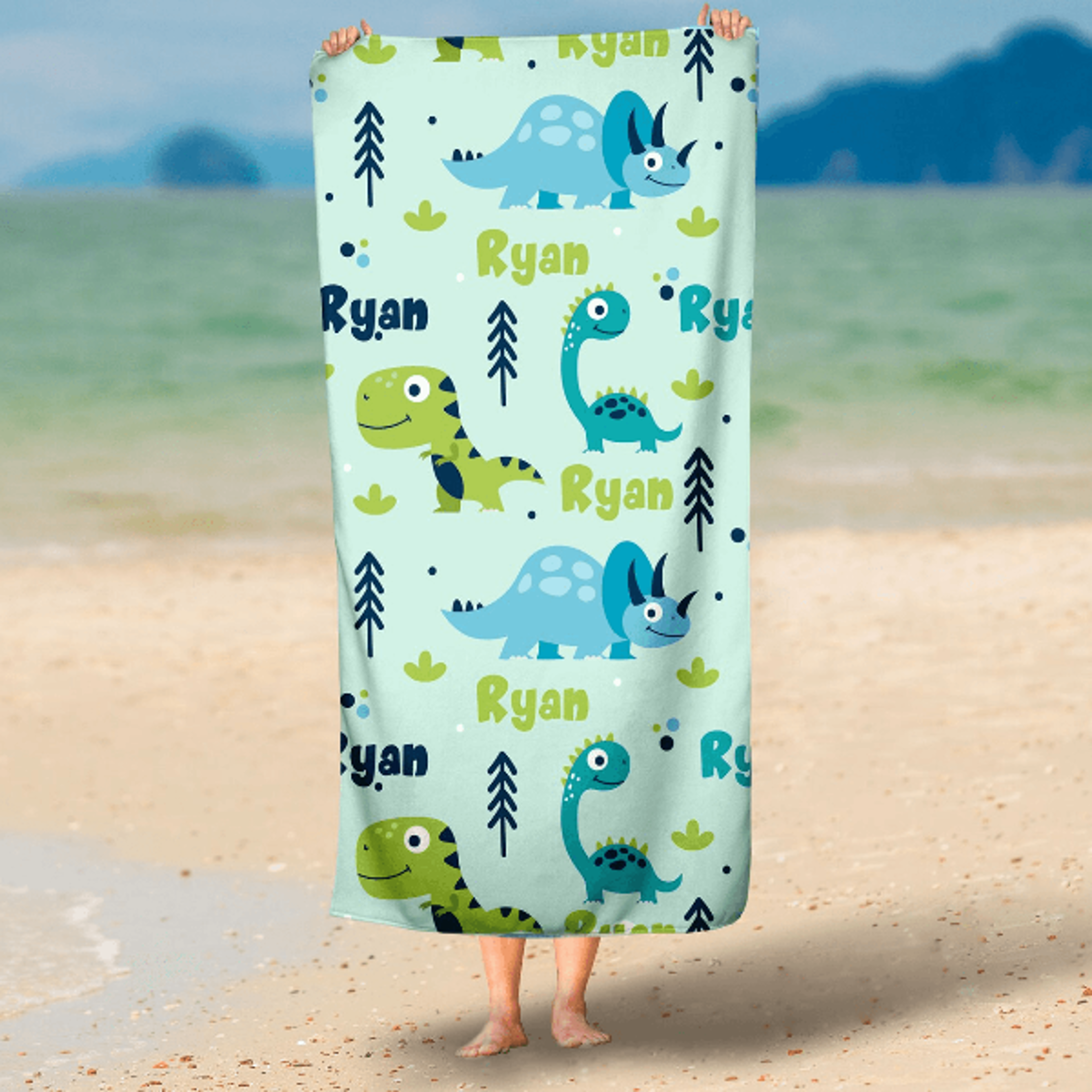 personalized dinosaur beach towel with custom name – kids dinosaur pool & beach towel