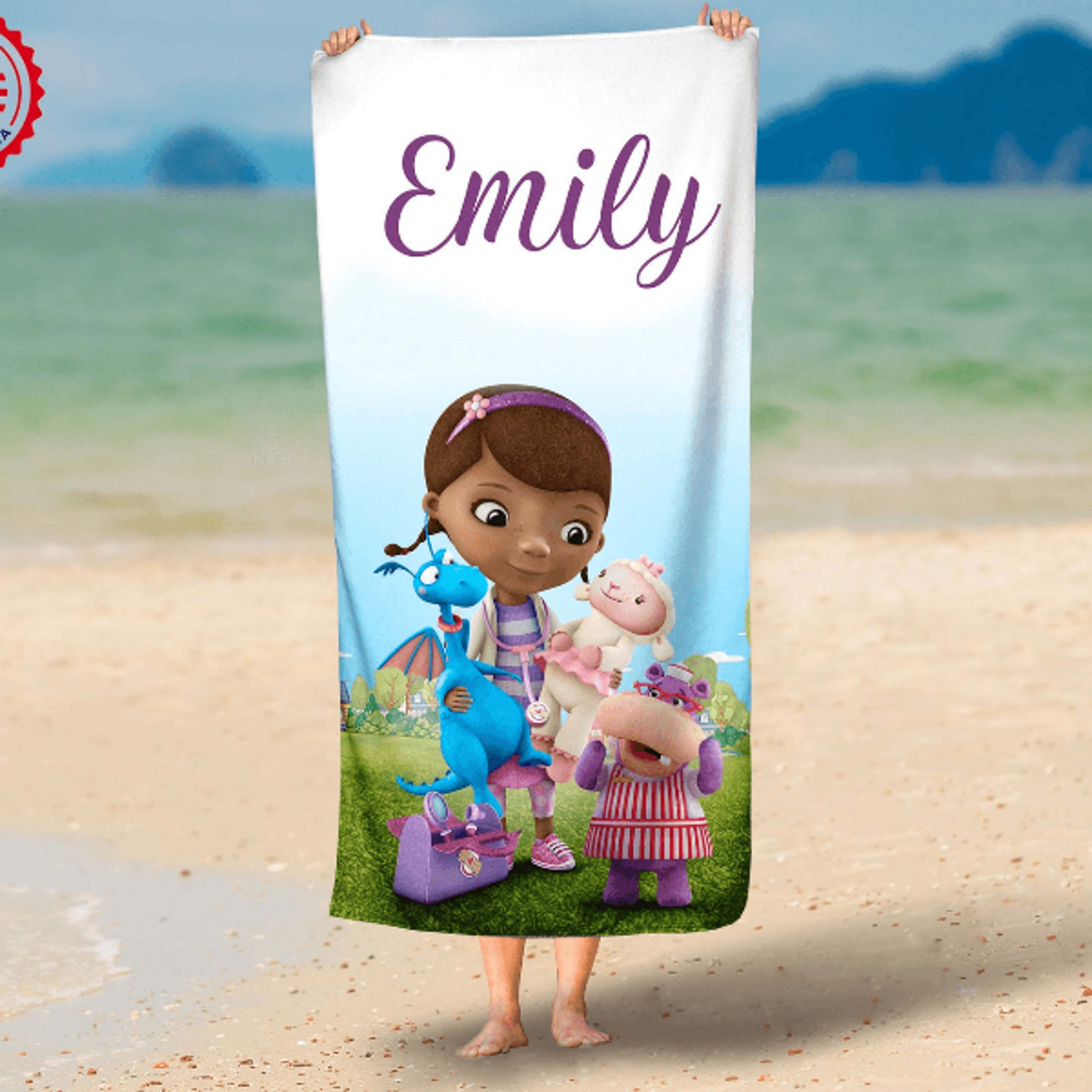personalized cartoon doctor beach towel with custom name – kids character pool & beach towel