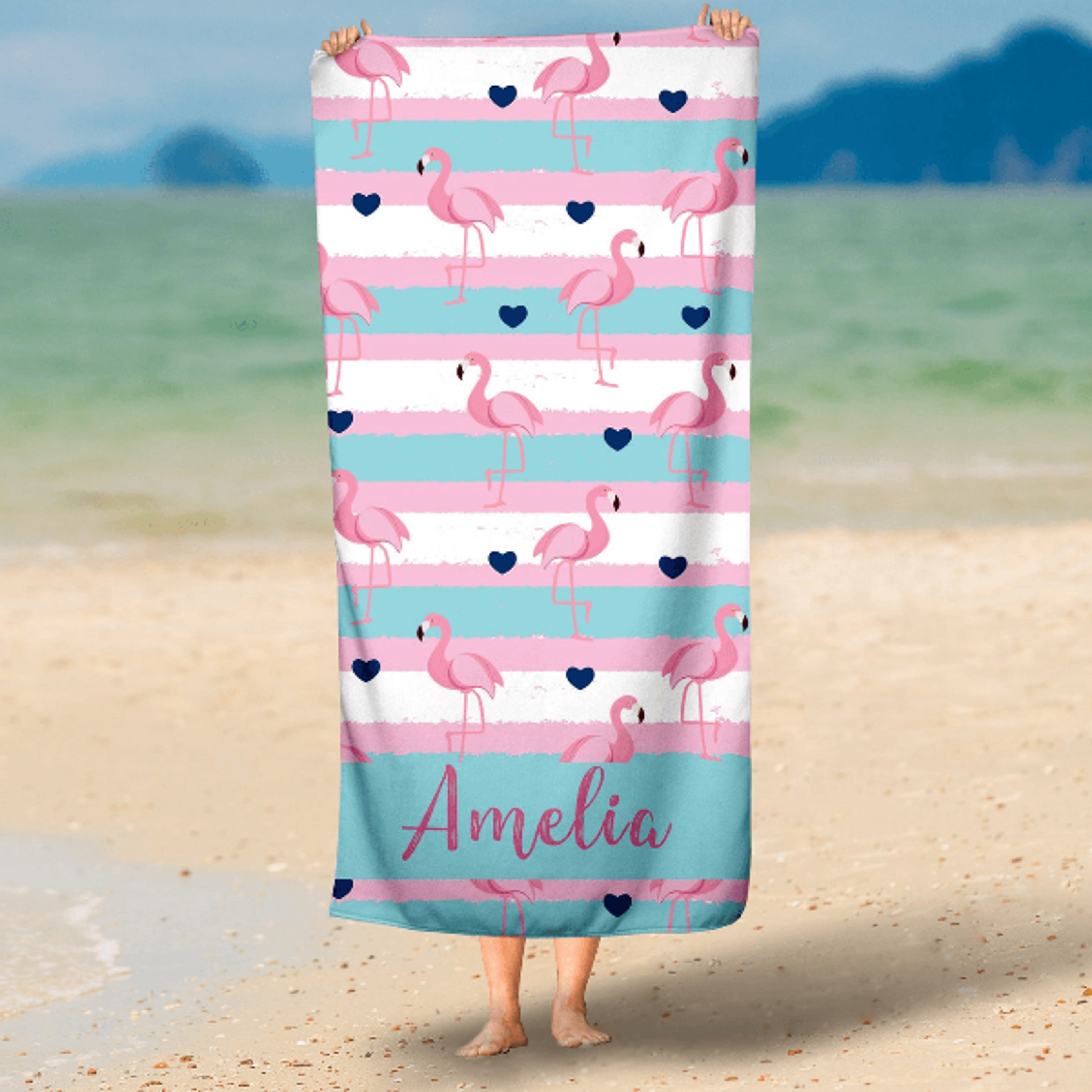 personalized flamingo name beach towel – custom tropical kids pool & beach towel