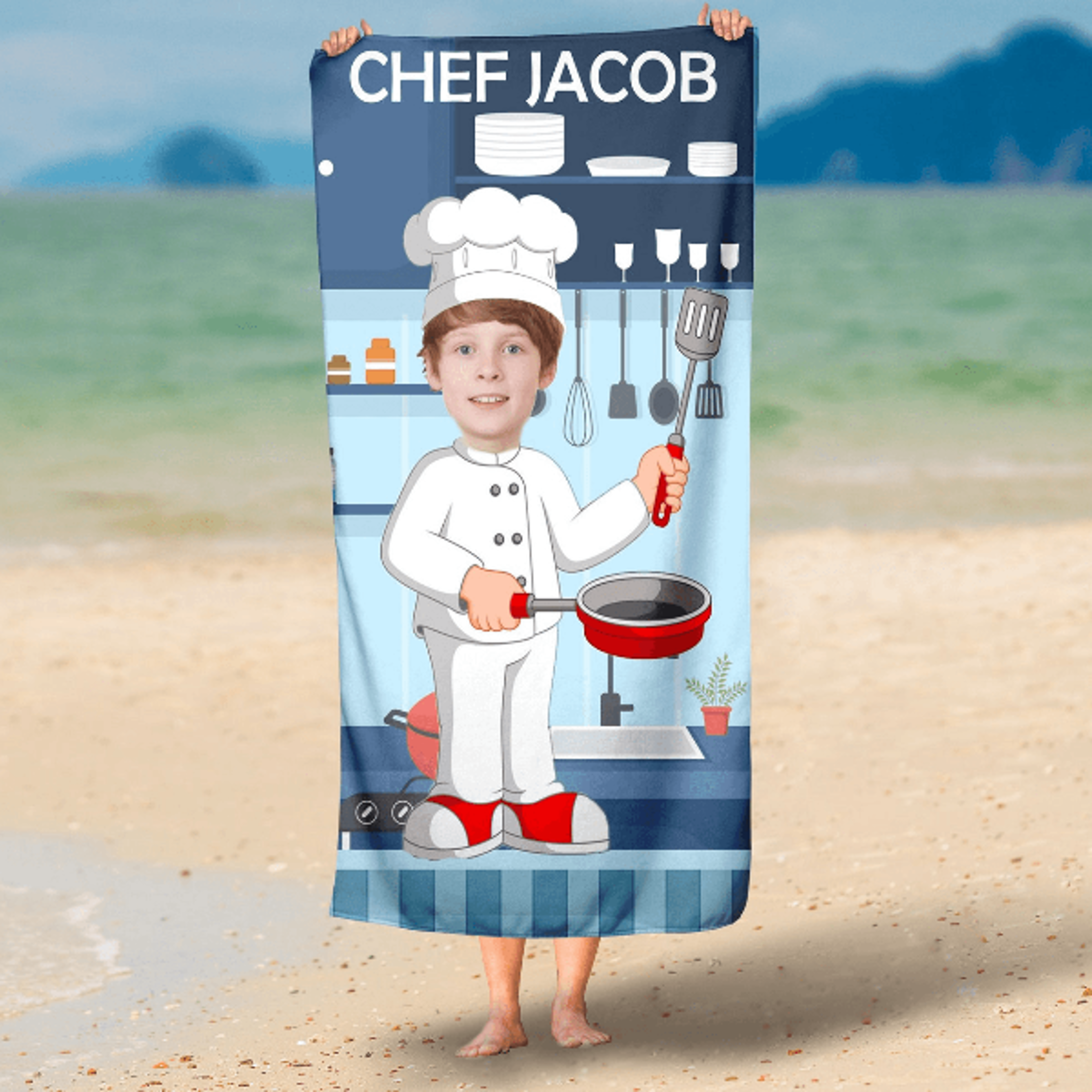 personalized chef face beach towel with custom photo – fun cooking-themed pool & beach gift