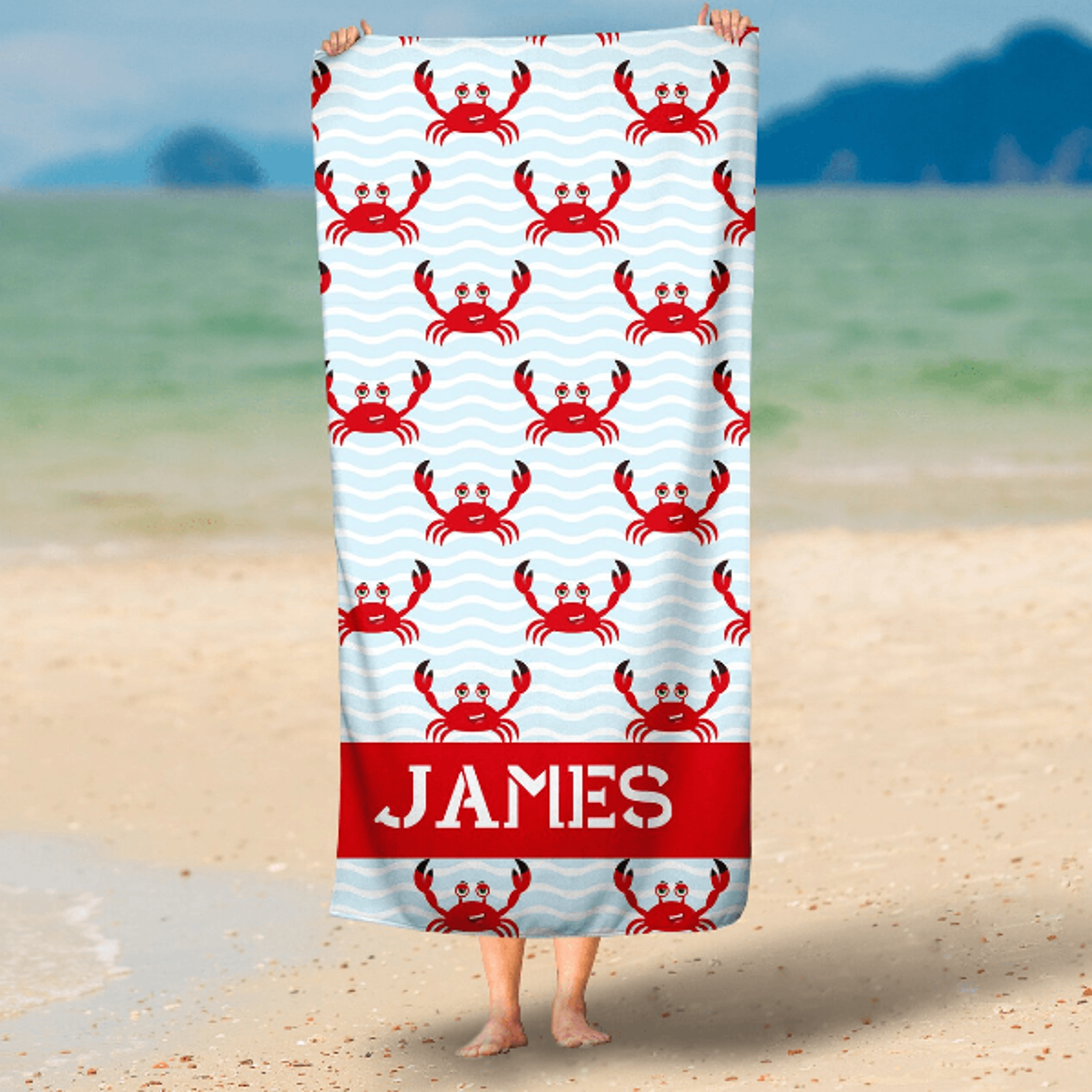 personalized crab beach towel with custom name – cute coastal kids pool & beach towel