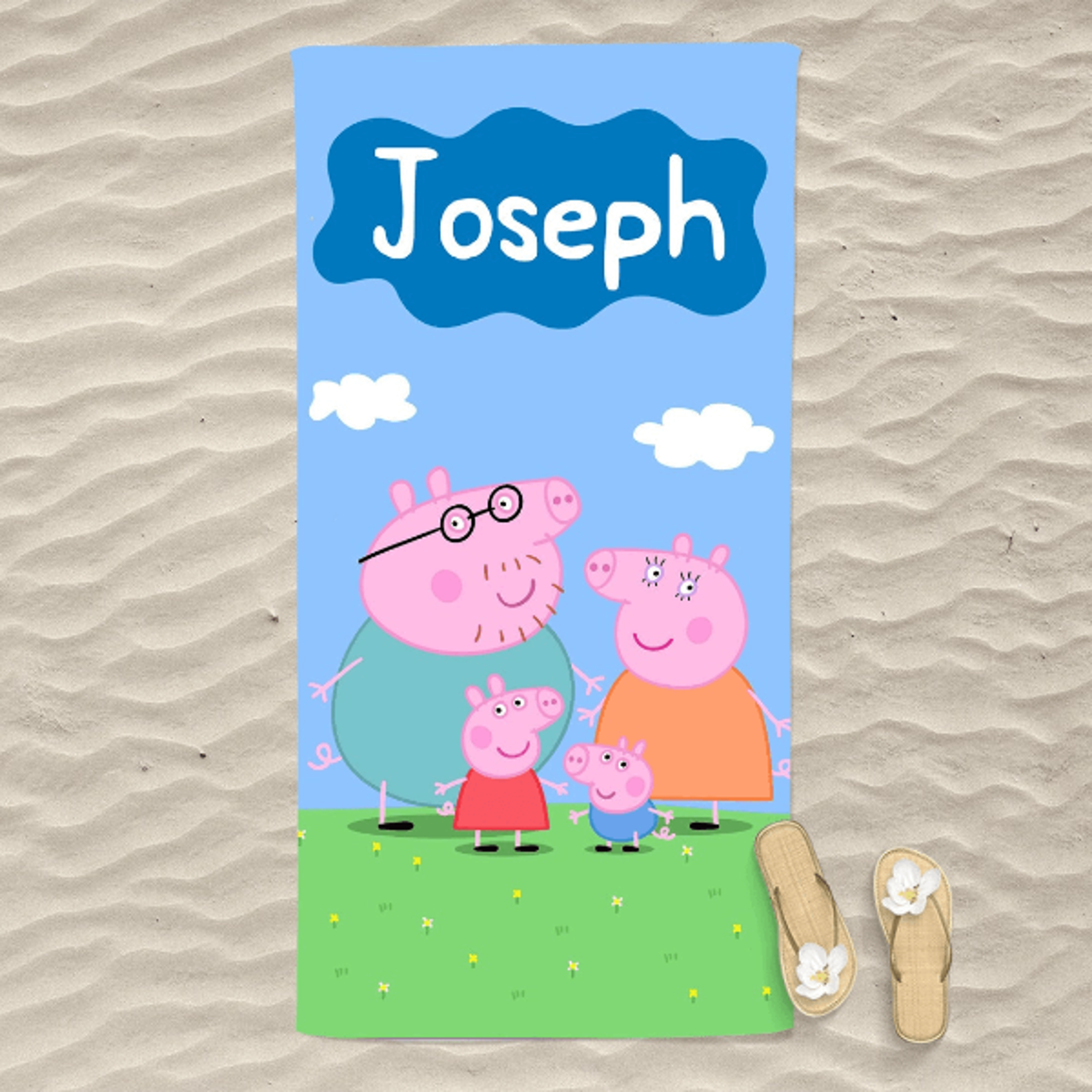 personalized cartoon pig beach towel with custom name – kids character pool & beach towel