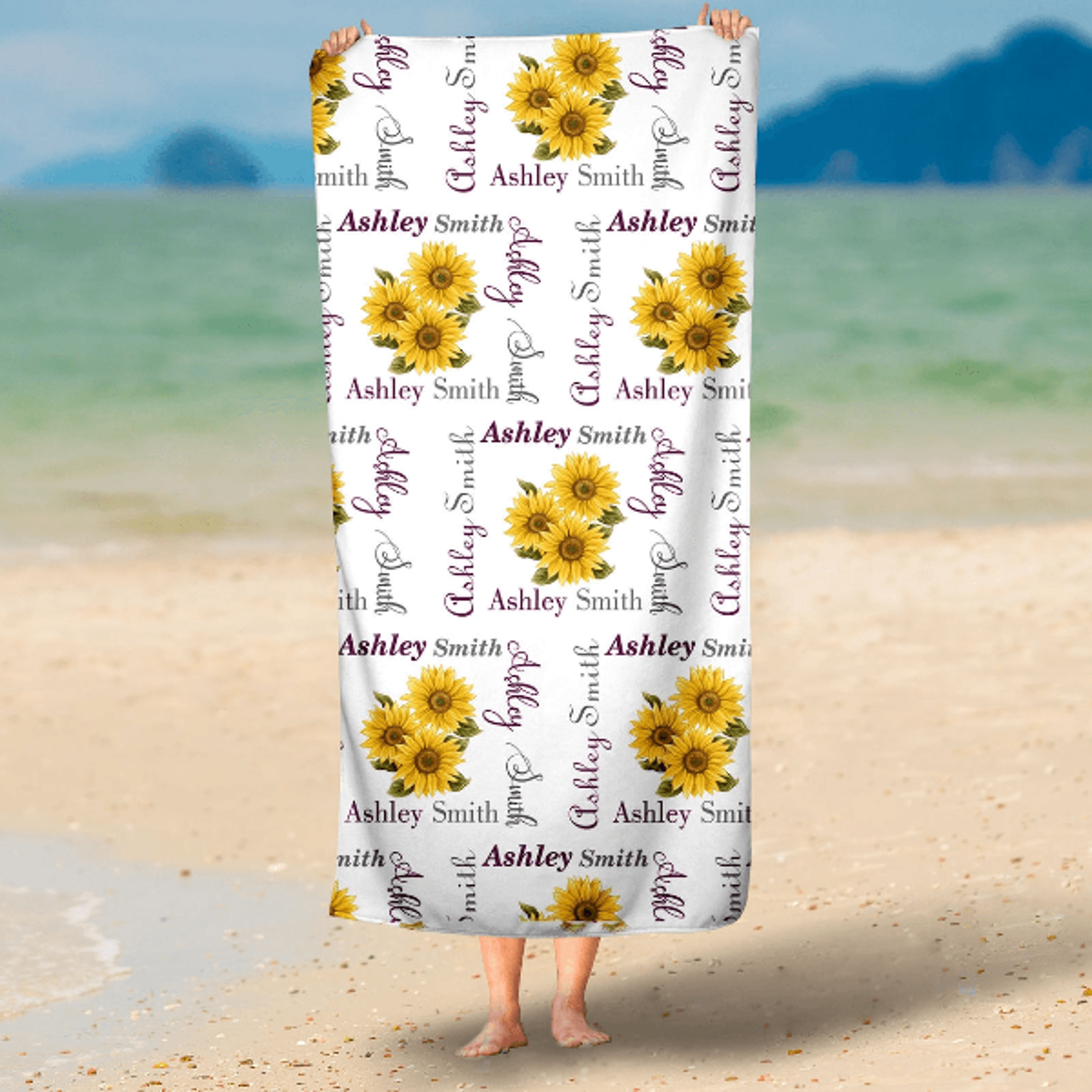 personalized sunflower beach towel with custom name – floral kids pool & beach towel