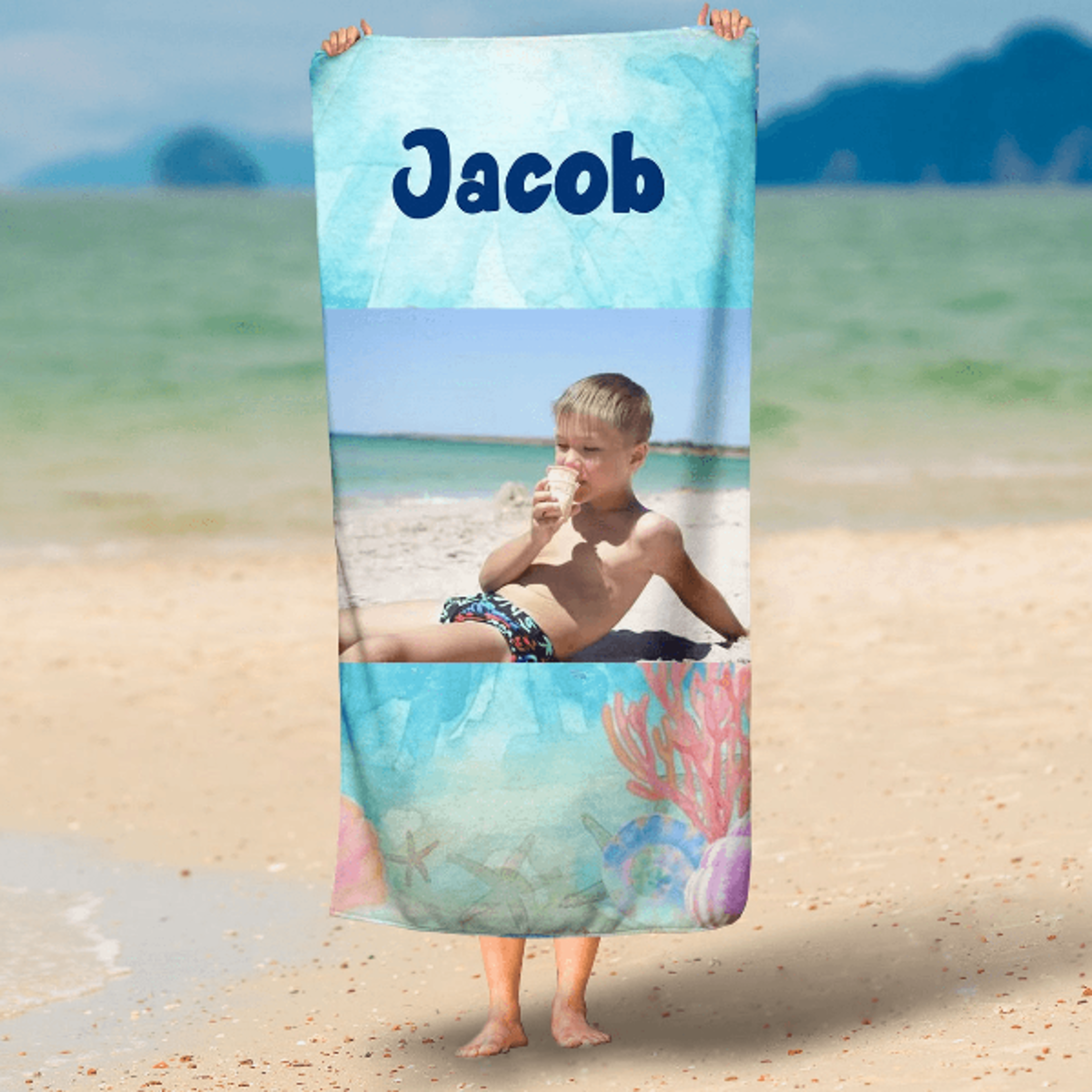 custom photo beach towel with personalized pictures – family memory pool & beach gift