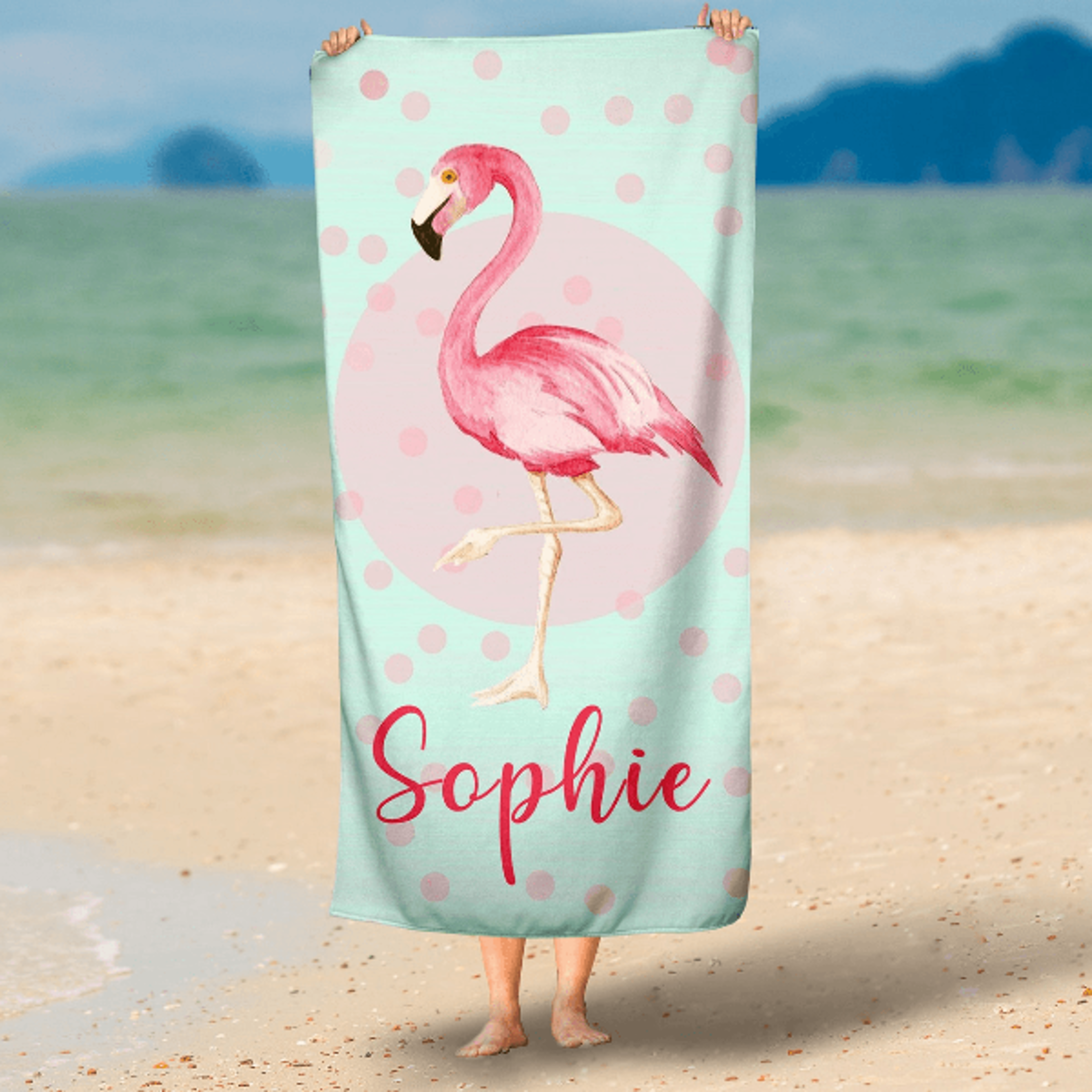 personalized flamingo beach towel with custom name – tropical kids pool beach towell