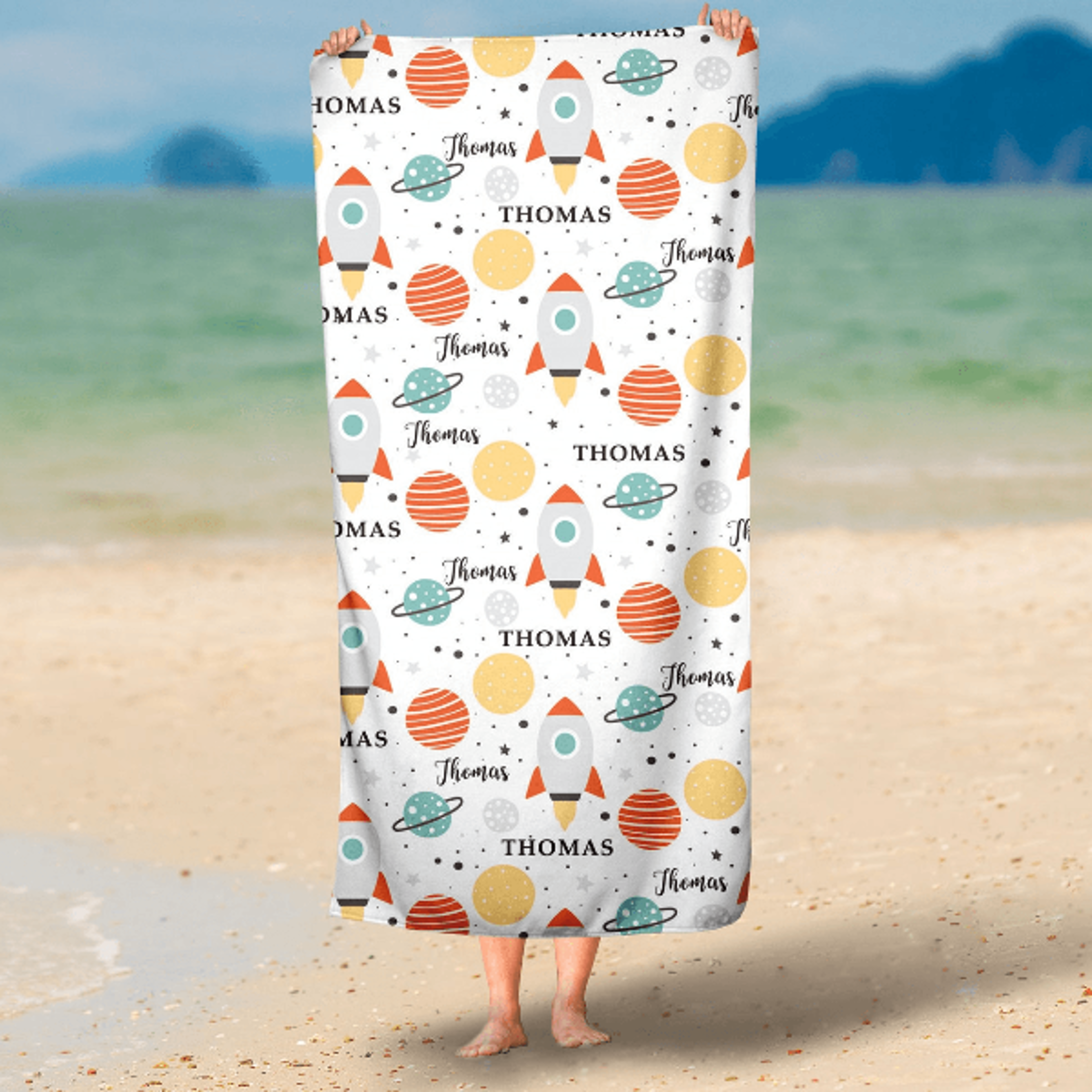 personalized astronaut beach towel with name – custom space kids pool towel baby gift