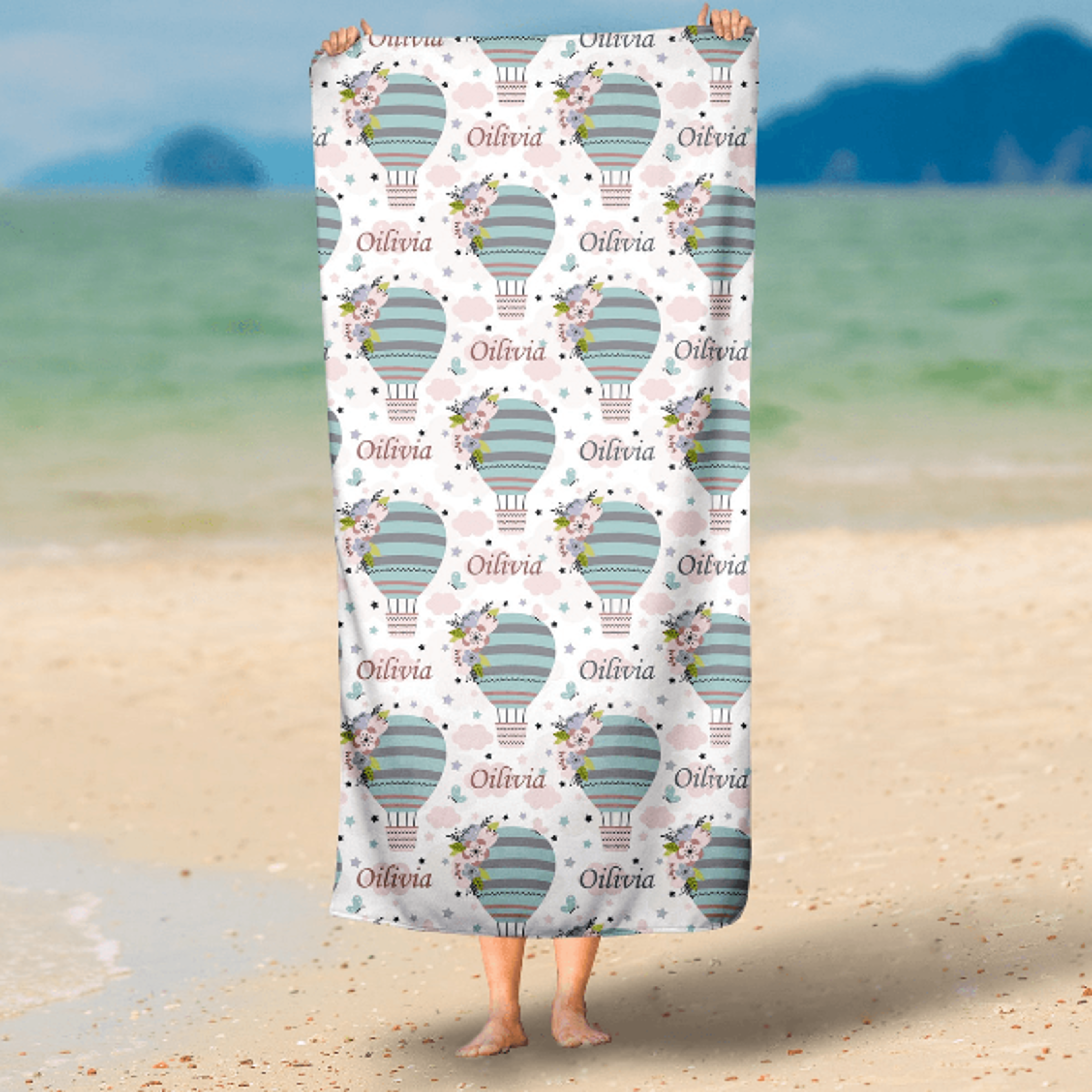 personalized hot air balloon beach towel with name – custom kids pool towel baby gift