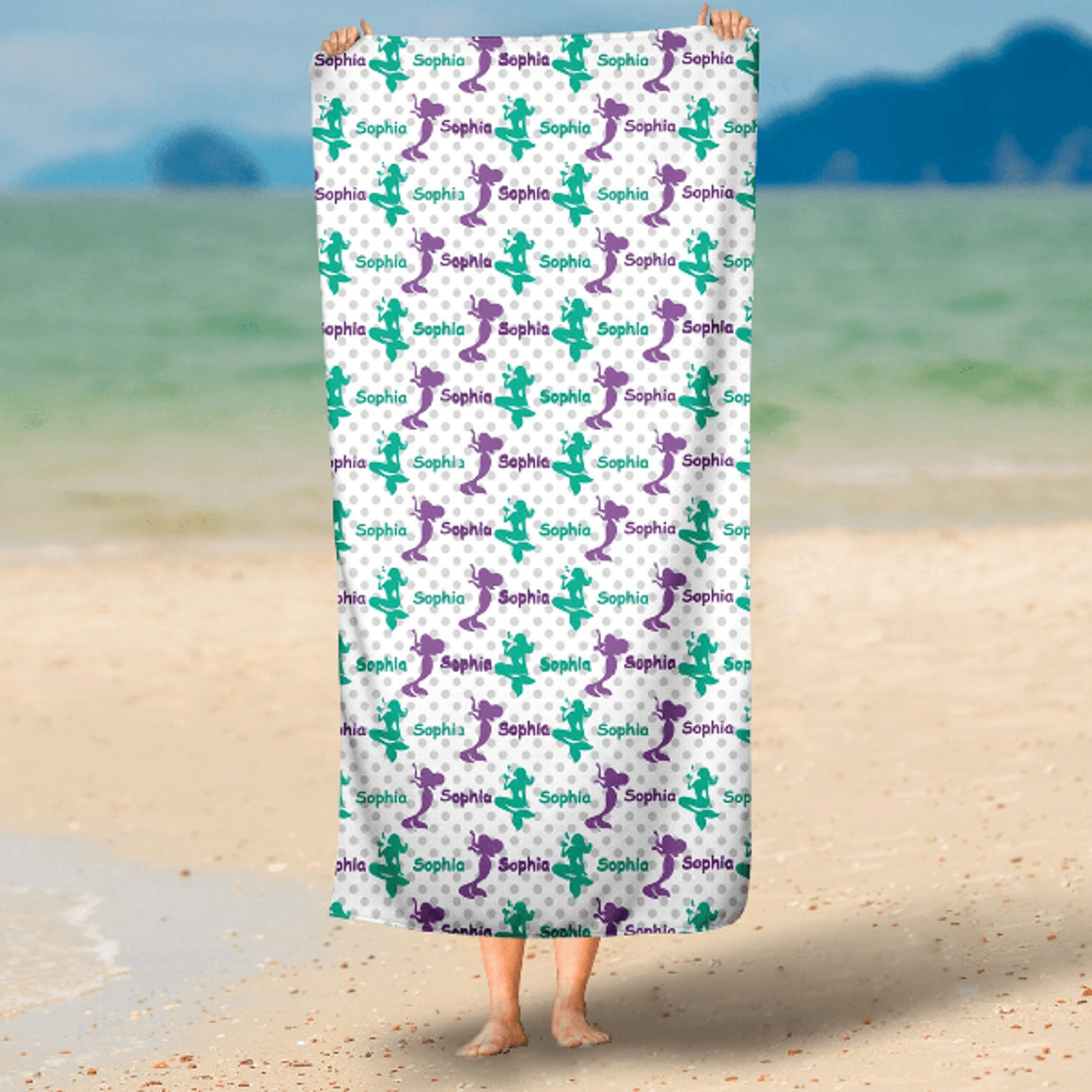 personalized mermaid beach towel with name – custom girls pool towel mermaid party gift