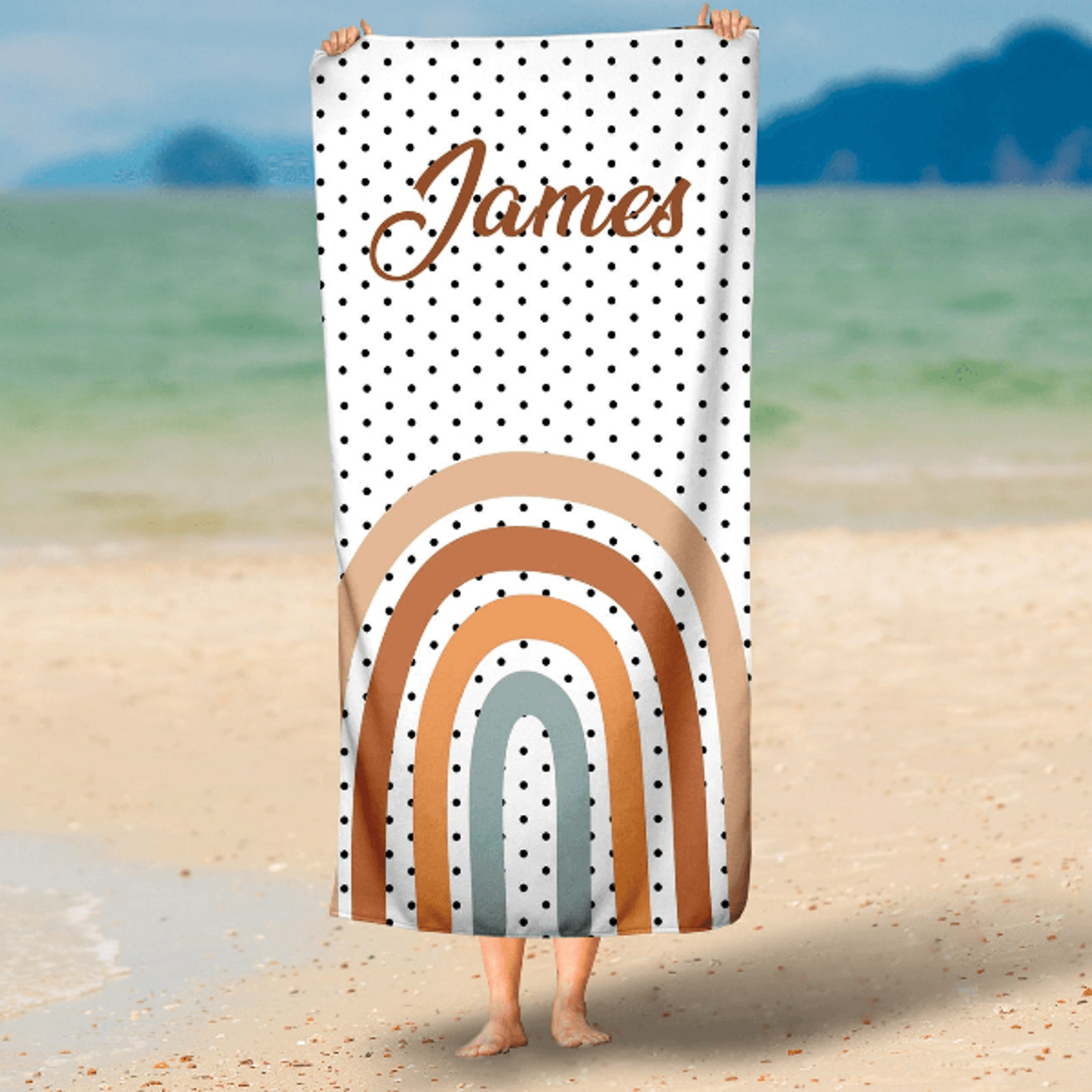 personalized boho rainbow beach towel with name – custom kids pool towel baby gift