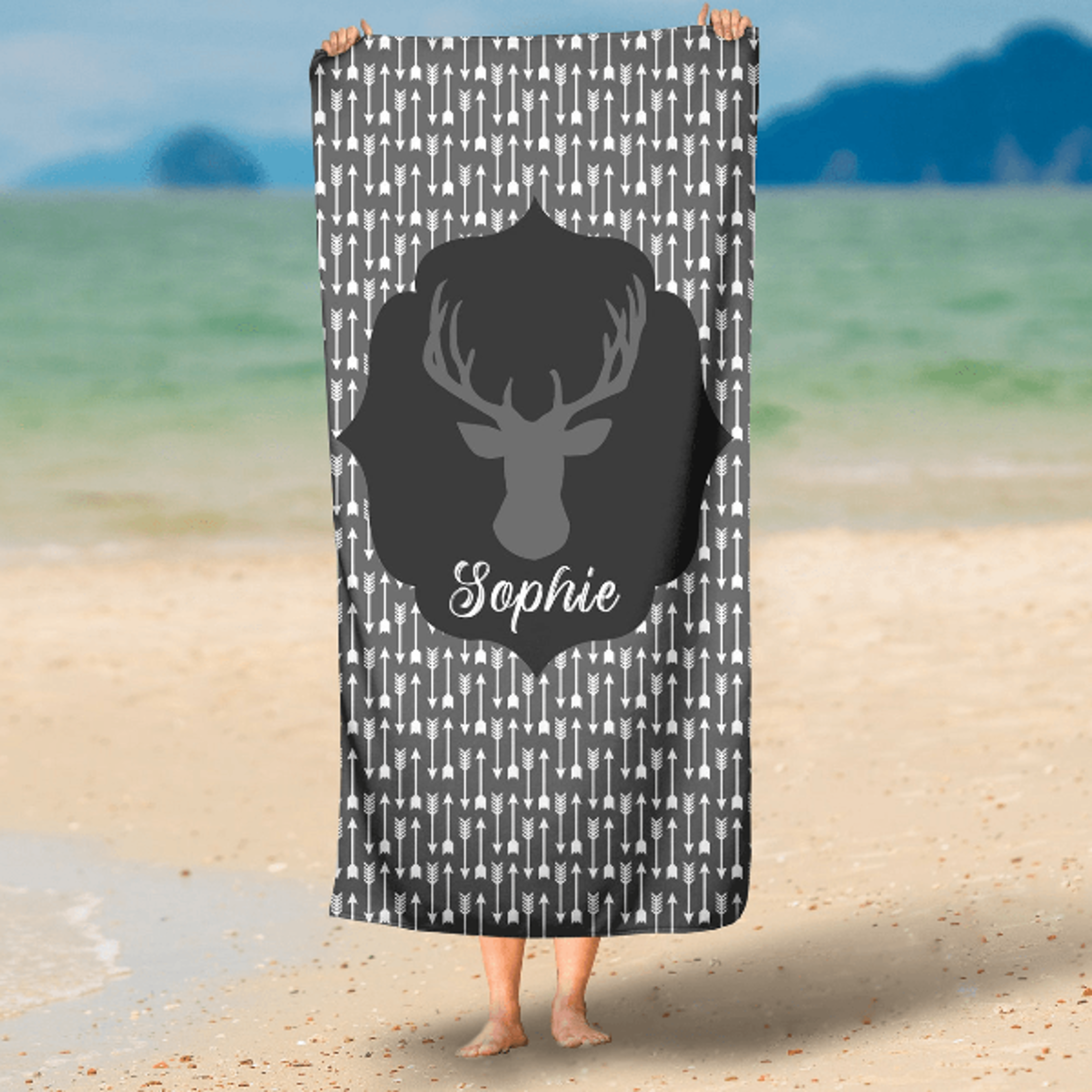 personalized woodland arrows beach towel with name – custom kids pool towel baby gift