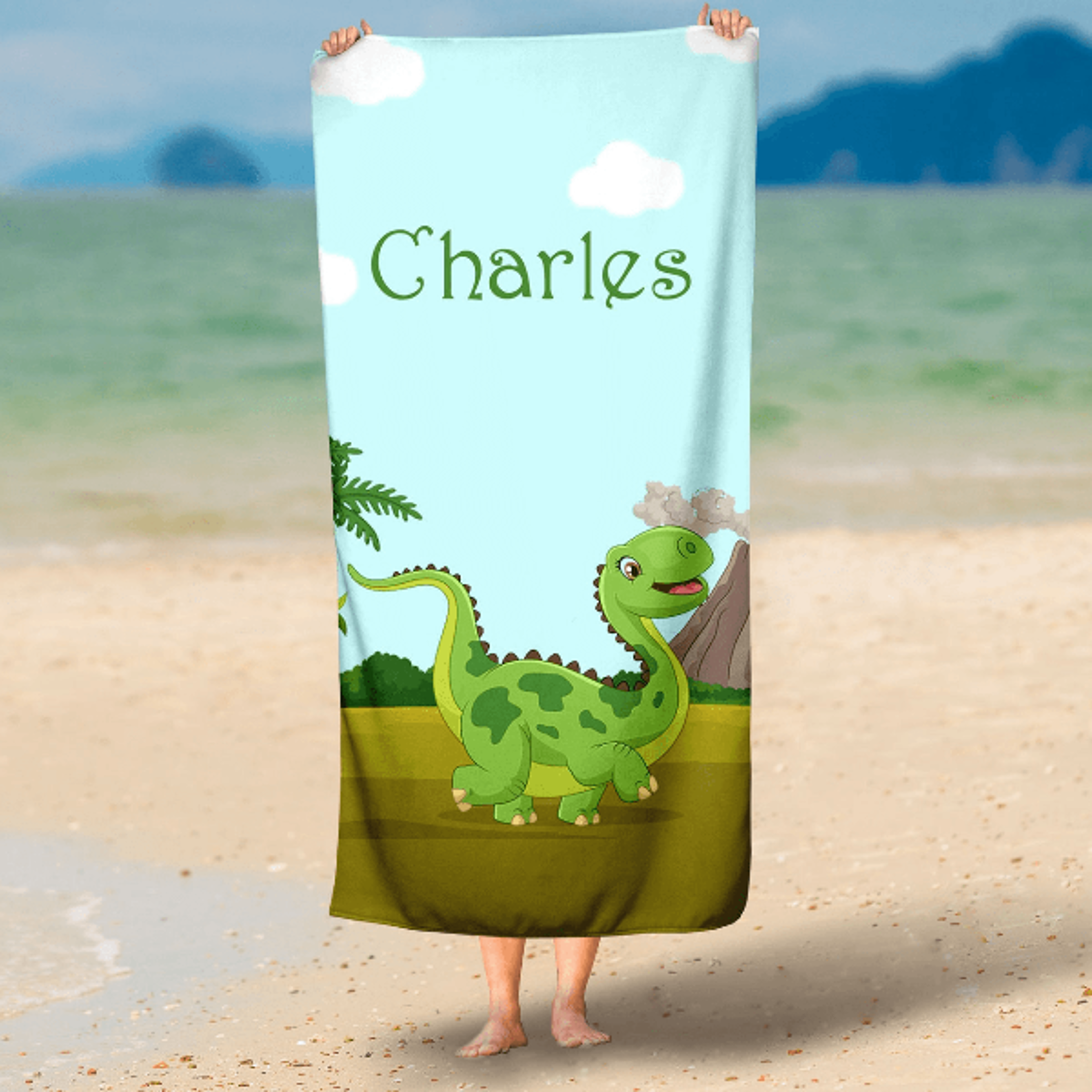 personalized dinosaur beach towel with name – custom kids dino pool towel baby gift