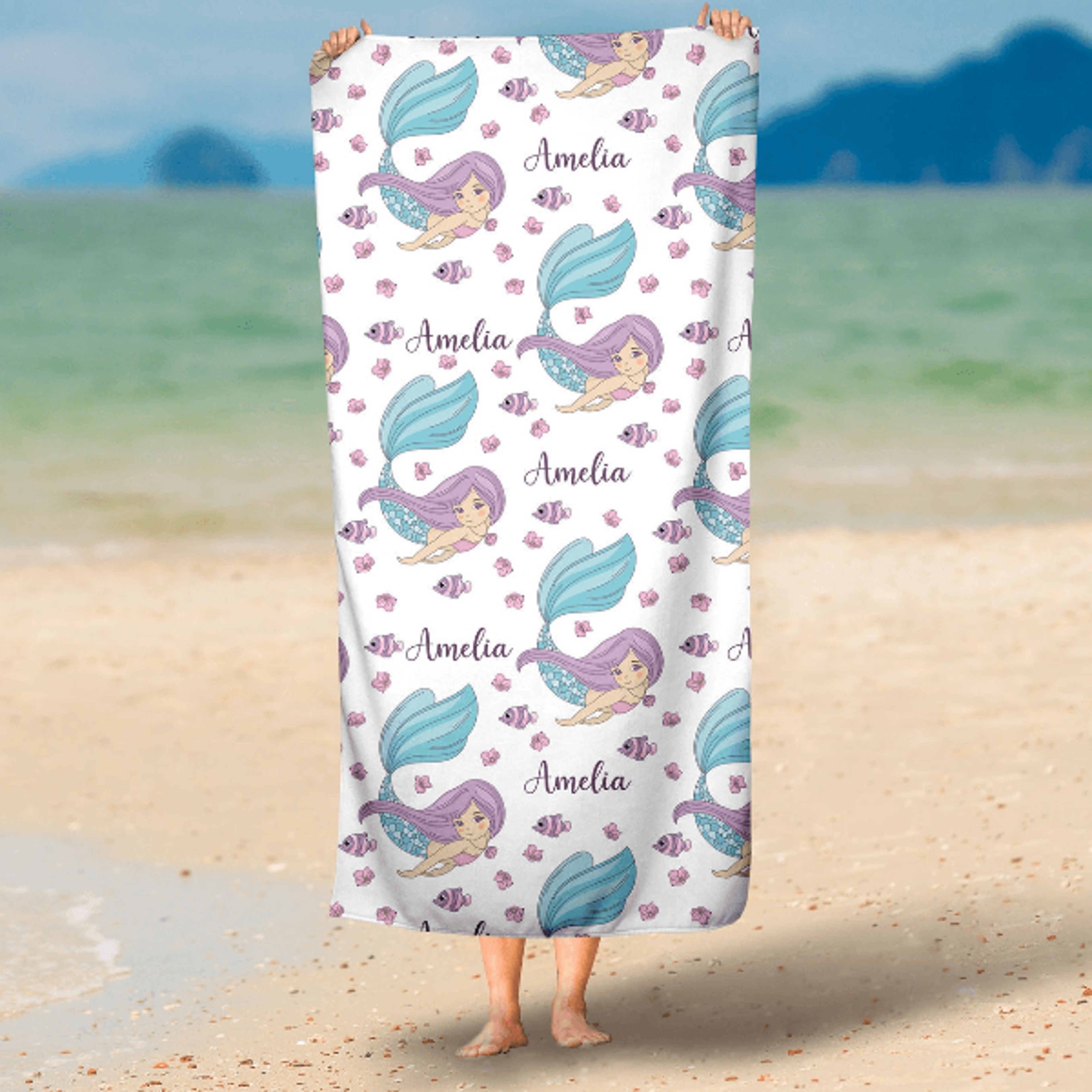 personalized mermaid beach towel for kids – custom girls pool towel summer vacation gift