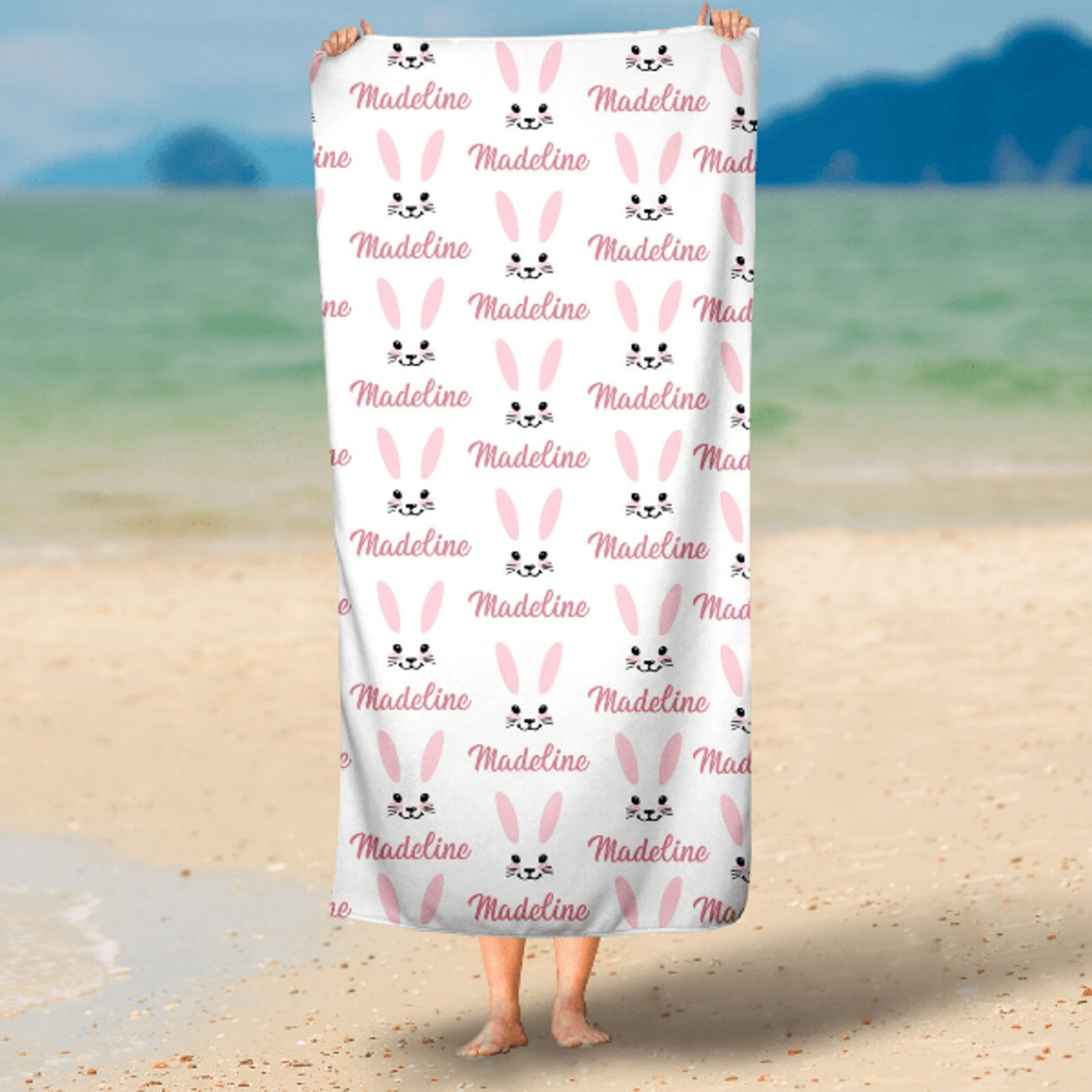personalized bunny beach towel with name – custom kids pool towel baby shower gift