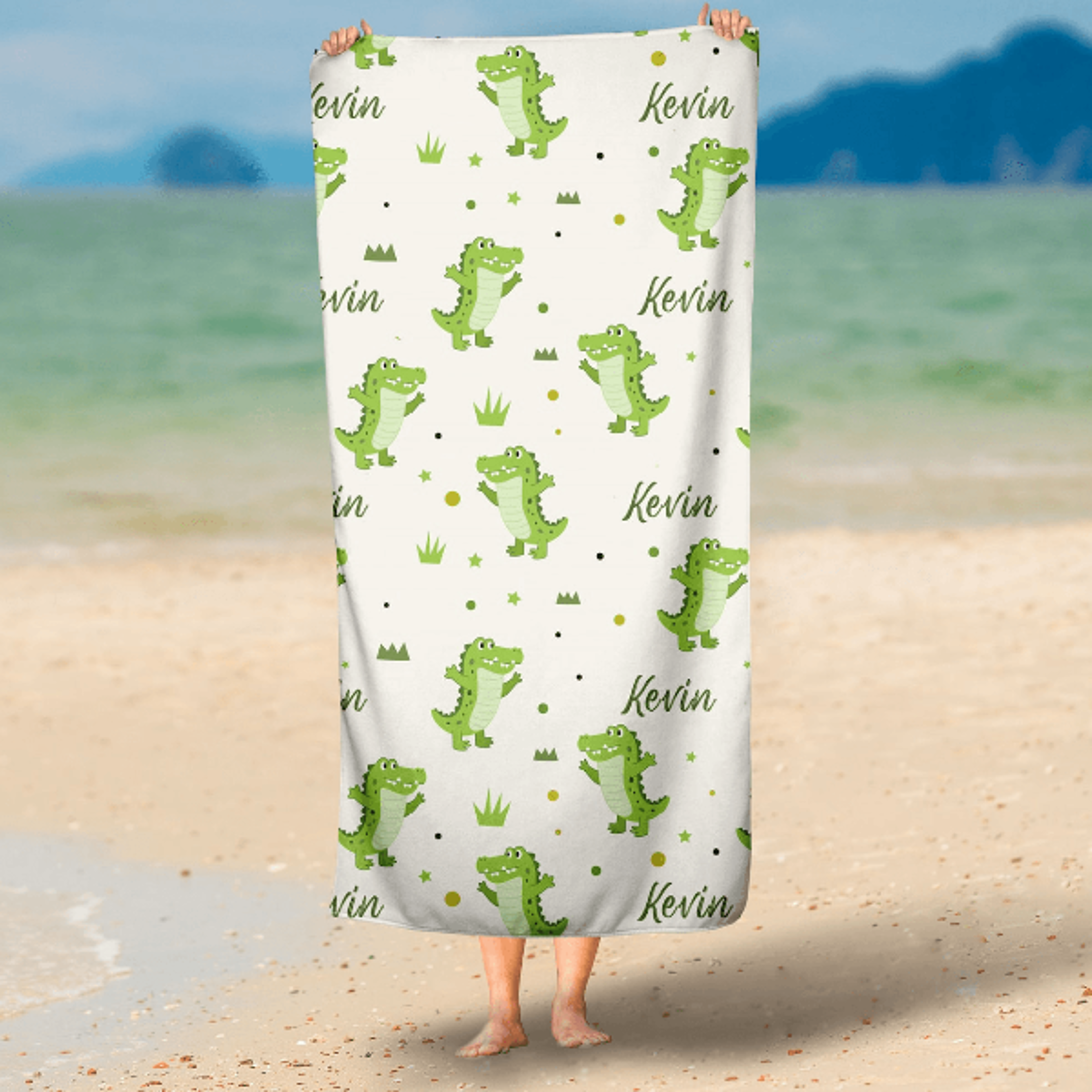 personalized alligator beach towel with name – custom reptile kids pool towel baby gift