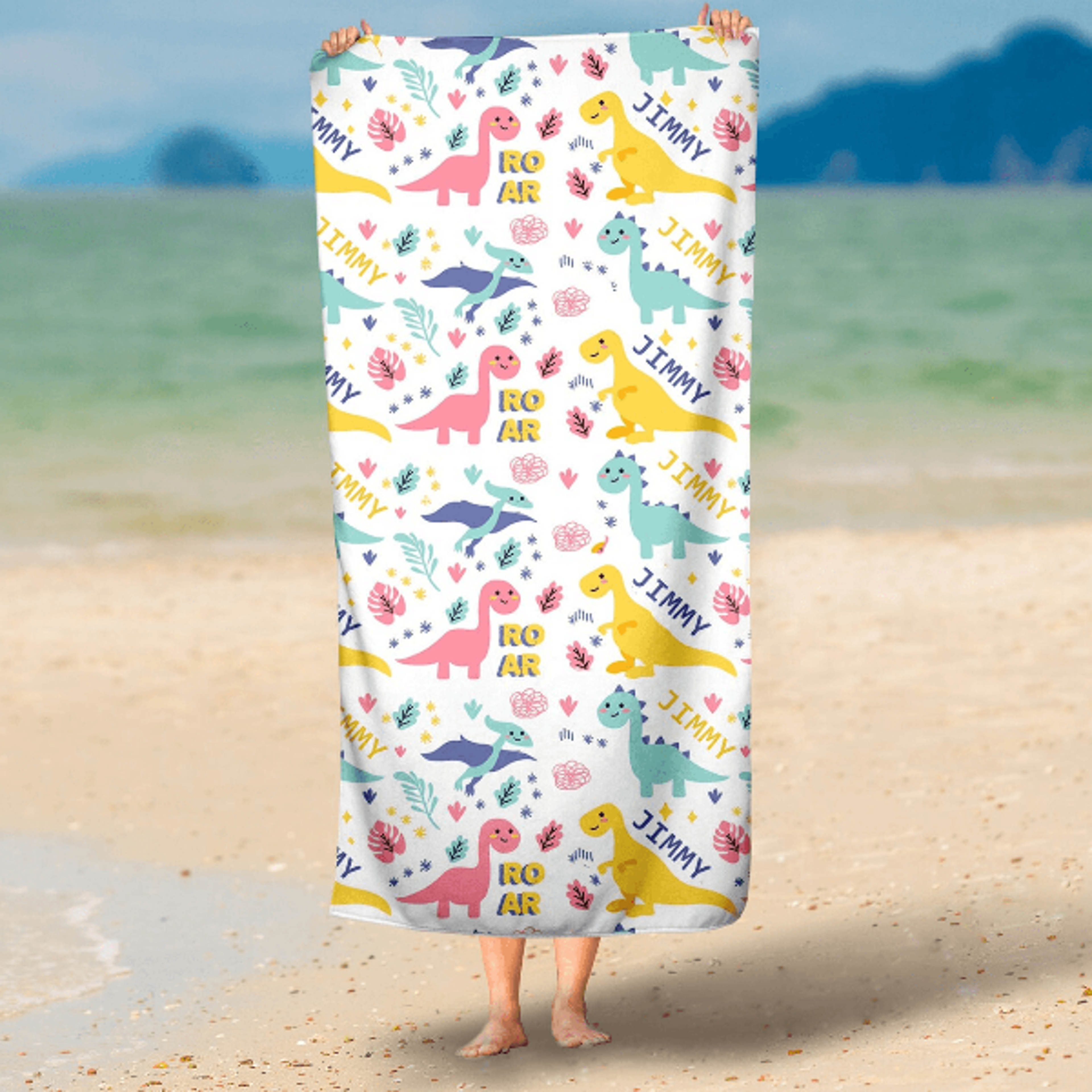 personalized colorful dinosaur beach towel with name – custom boys pool towel dino gift