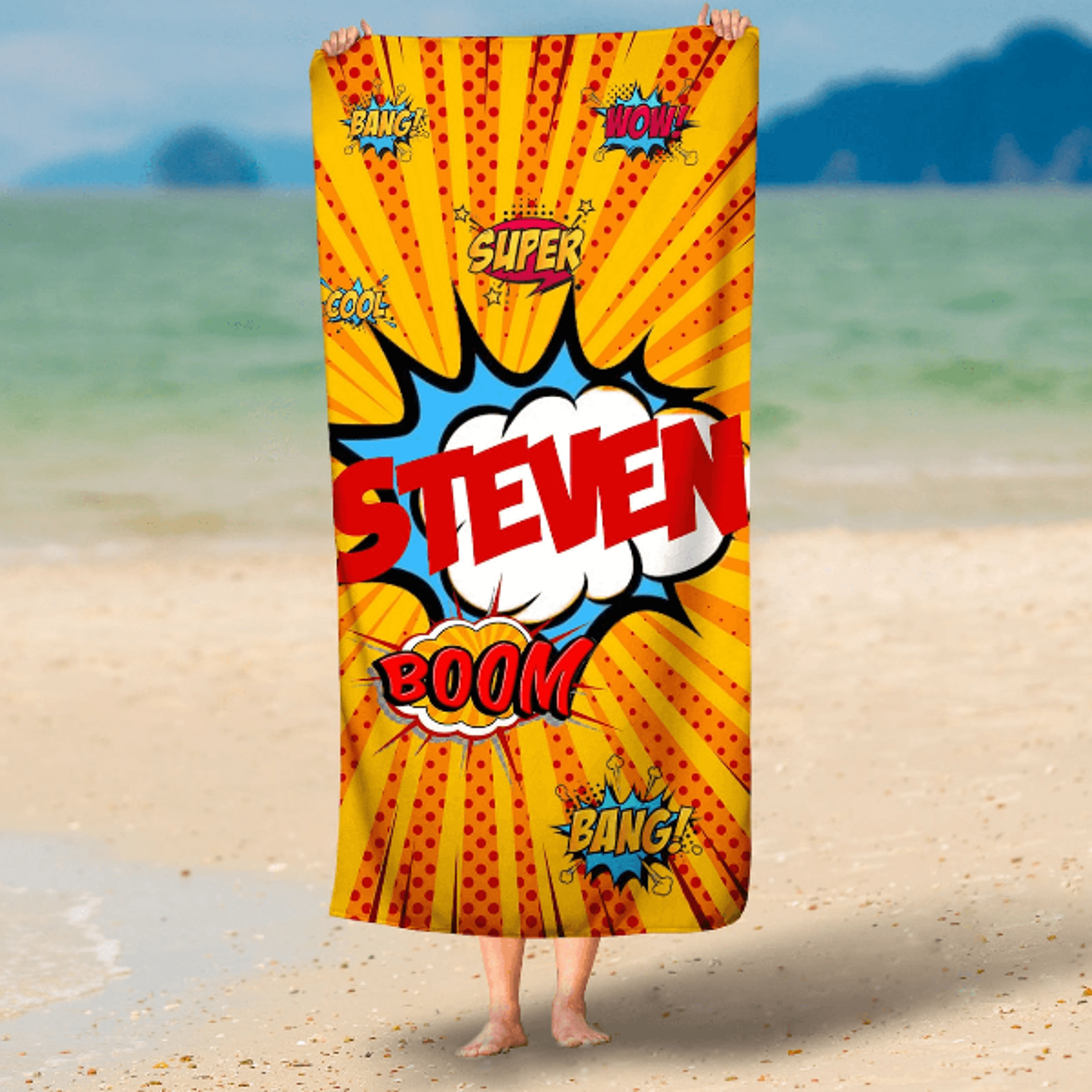 personalized superhero beach towel with custom name for kids, pool days & summer adventures