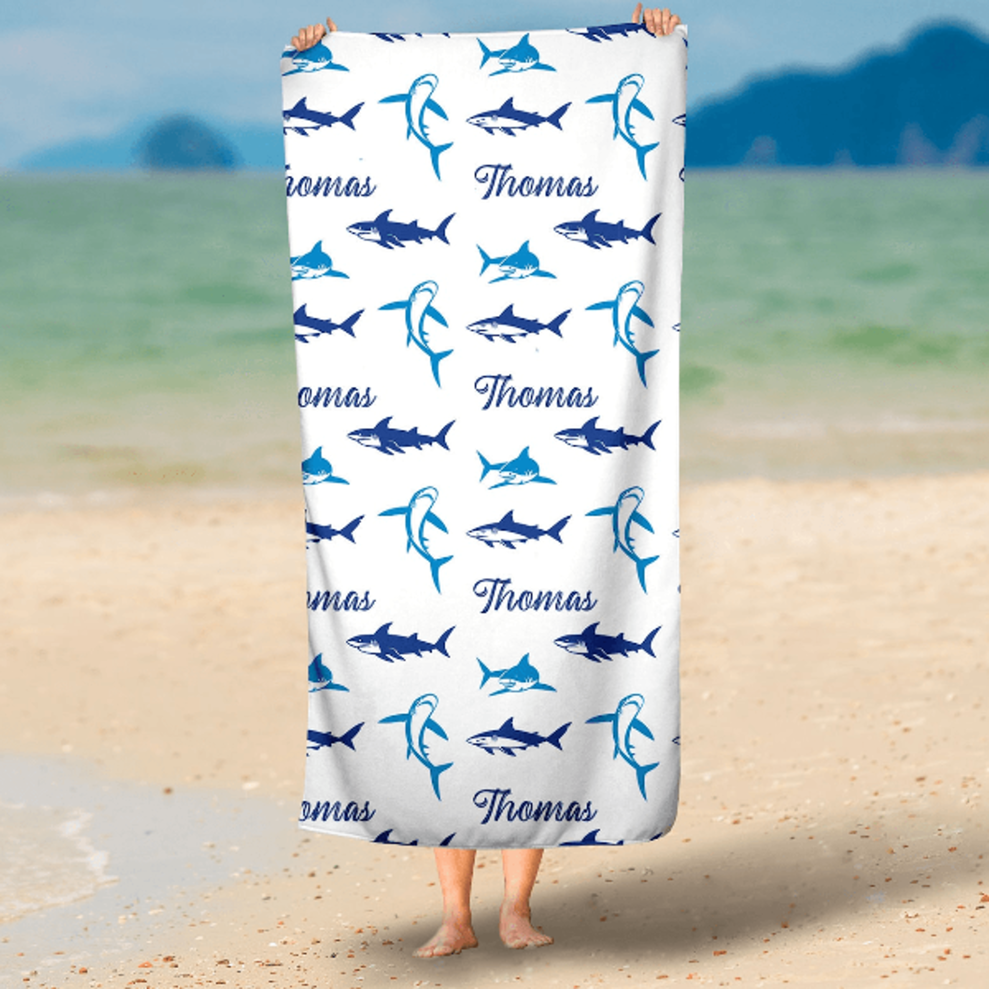 personalized shark beach towel with custom name for kids, pool days & ocean adventures