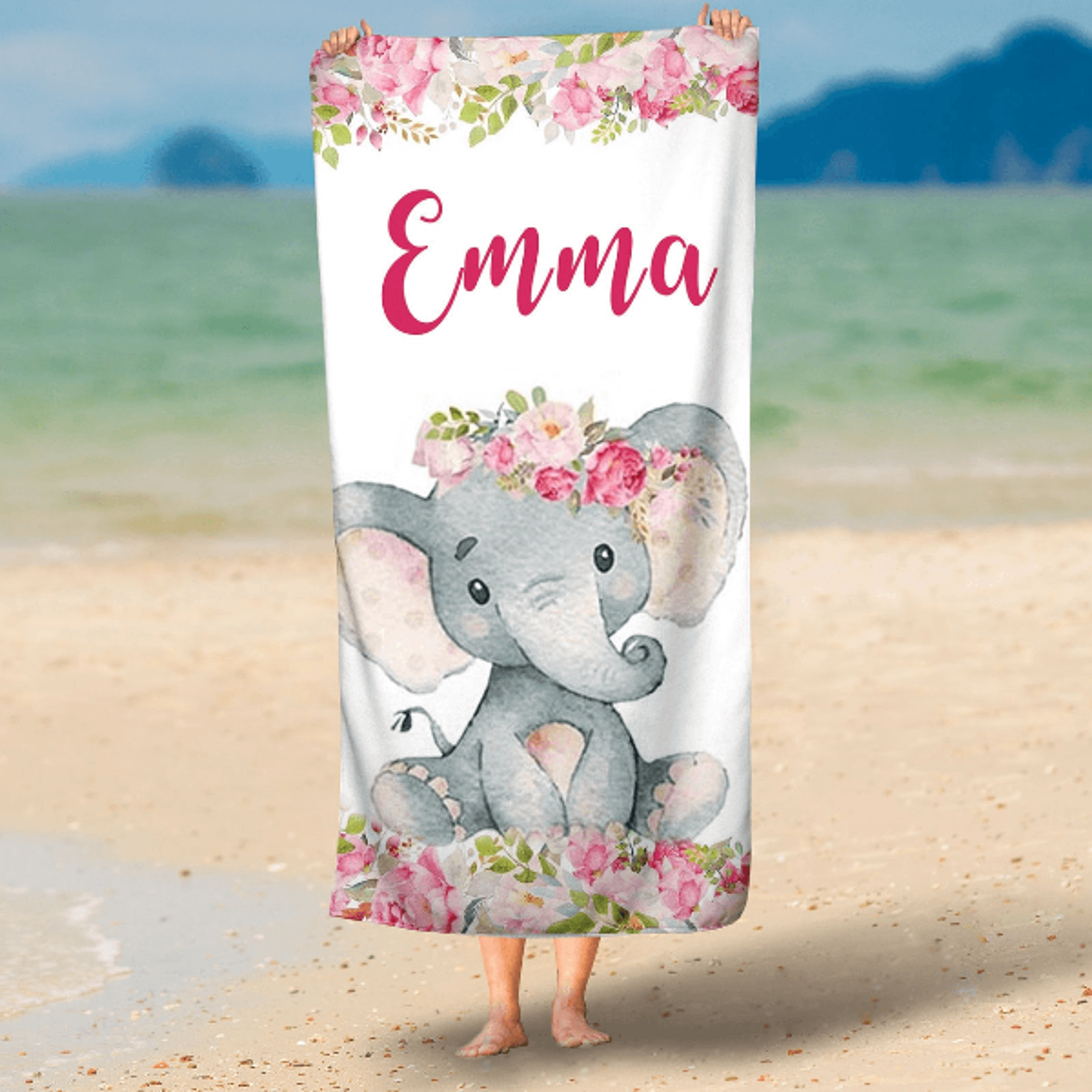 personalized floral elephant beach towel with custom name for girls, baby gifts & summer adventures