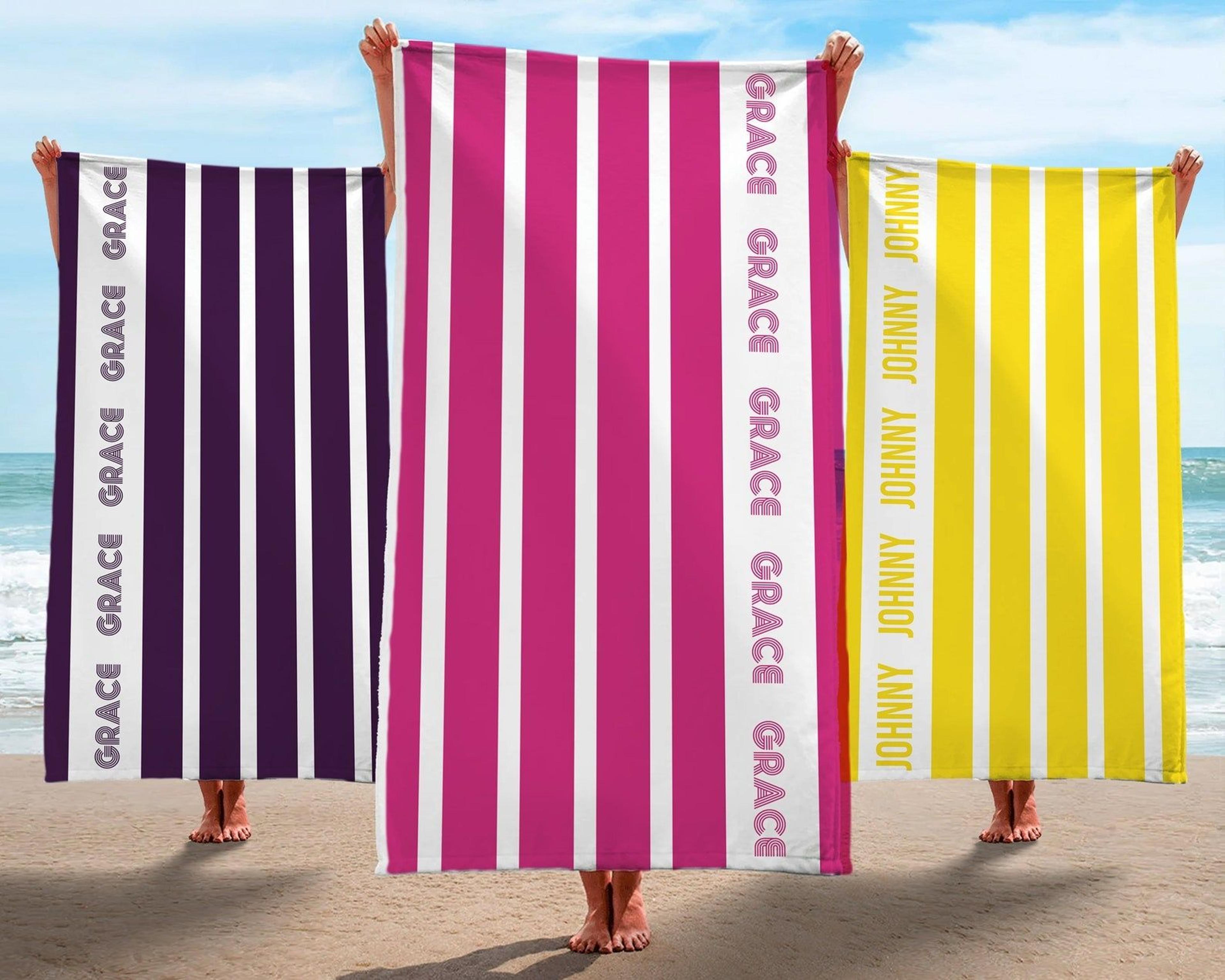 custom striped beach towel with name | personalized vacation beach towel gift