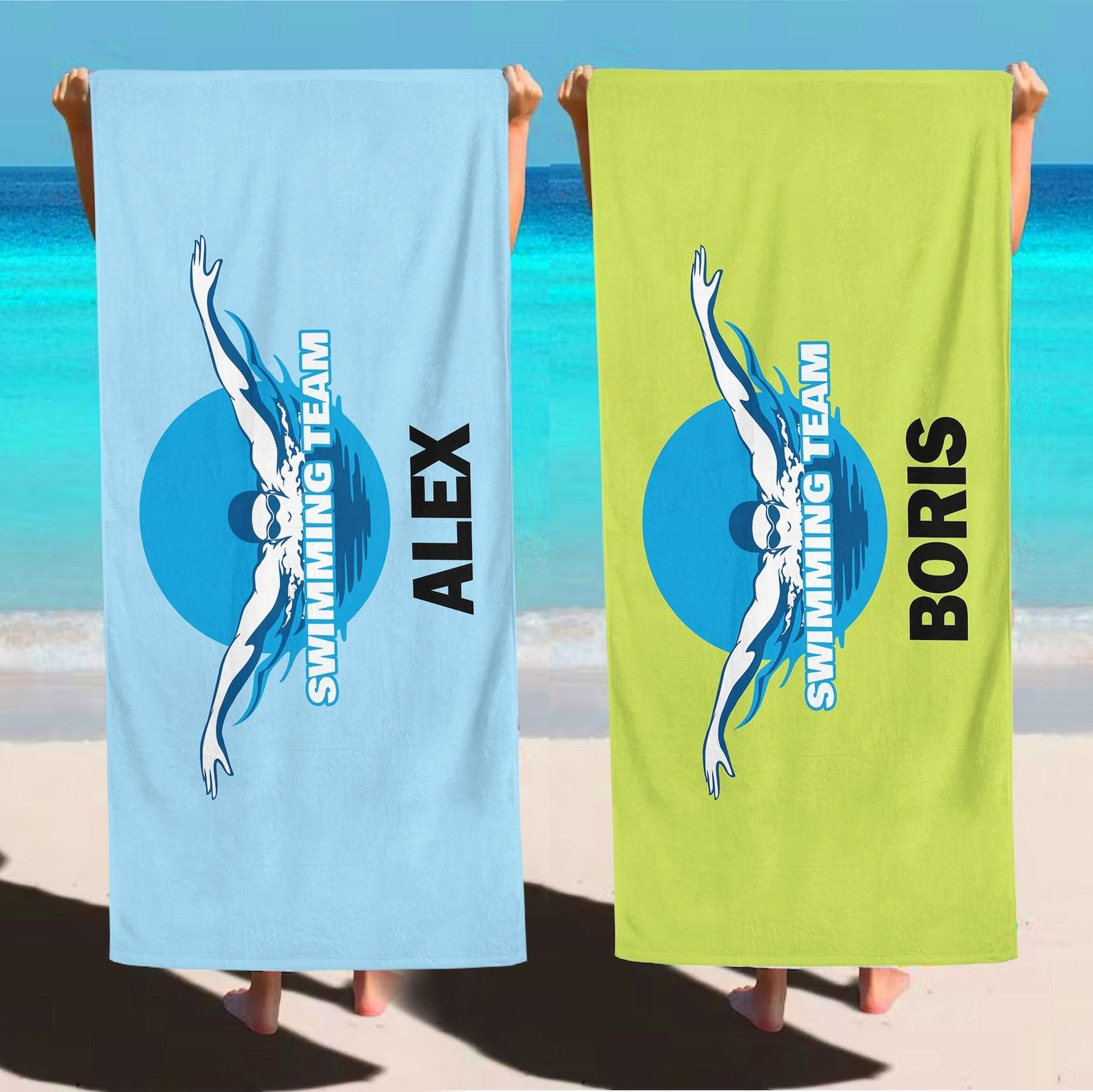 personalized swimming team beach towel with name – custom pool towel for swimmers, teams & summer gifts